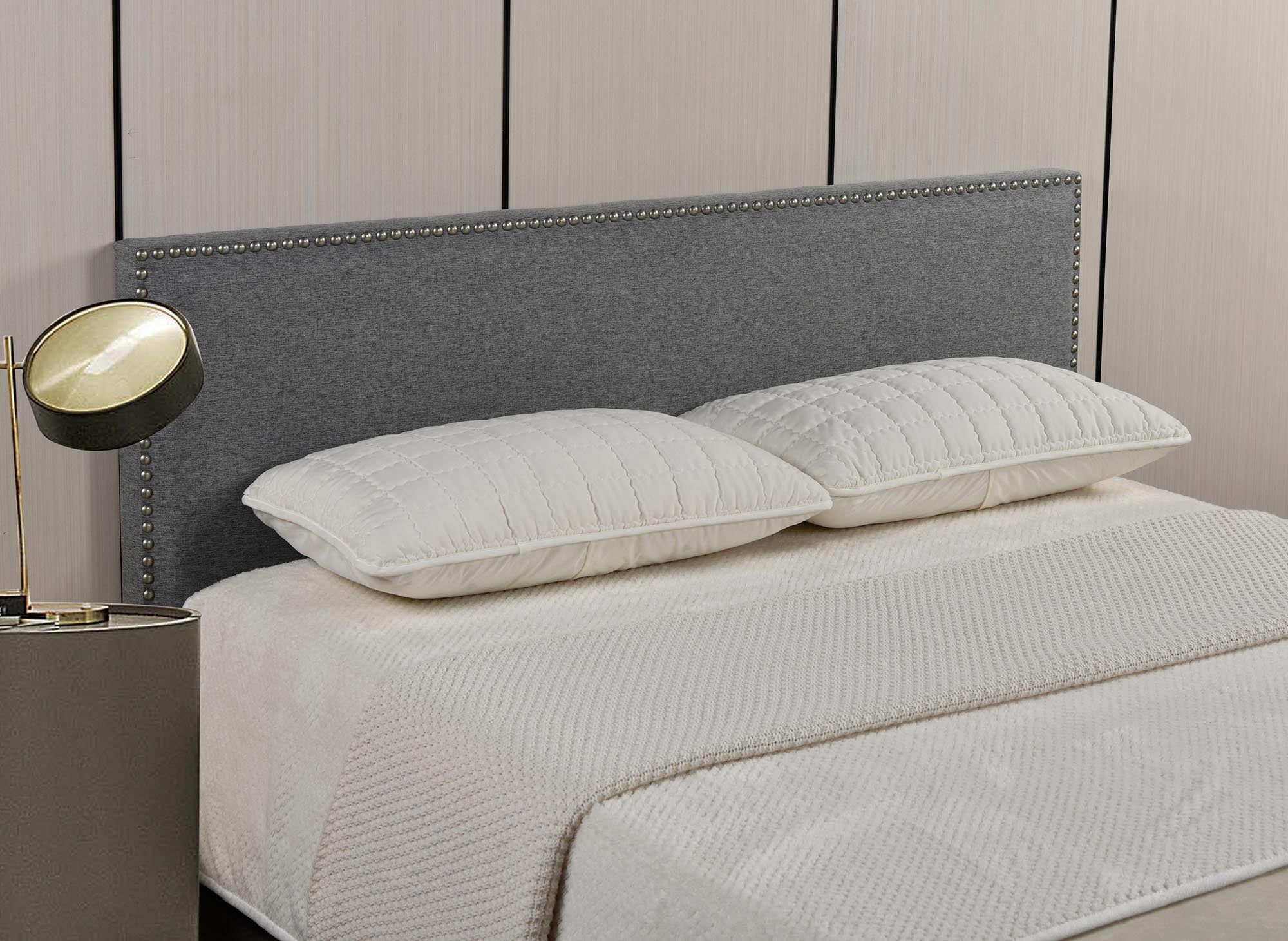 Tête de lit cloutée en tissu lin gris 160 cm LINDA