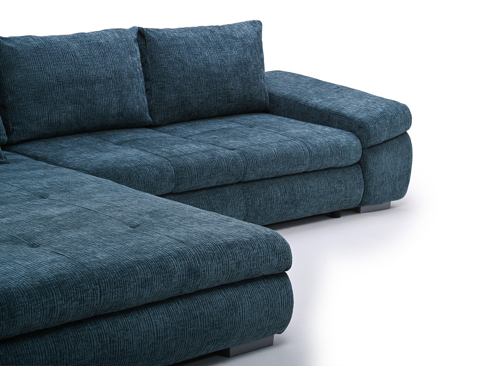 Canapé d'angle convertible réversible avec coffre en velours chiné bleu pétrole SOLEA