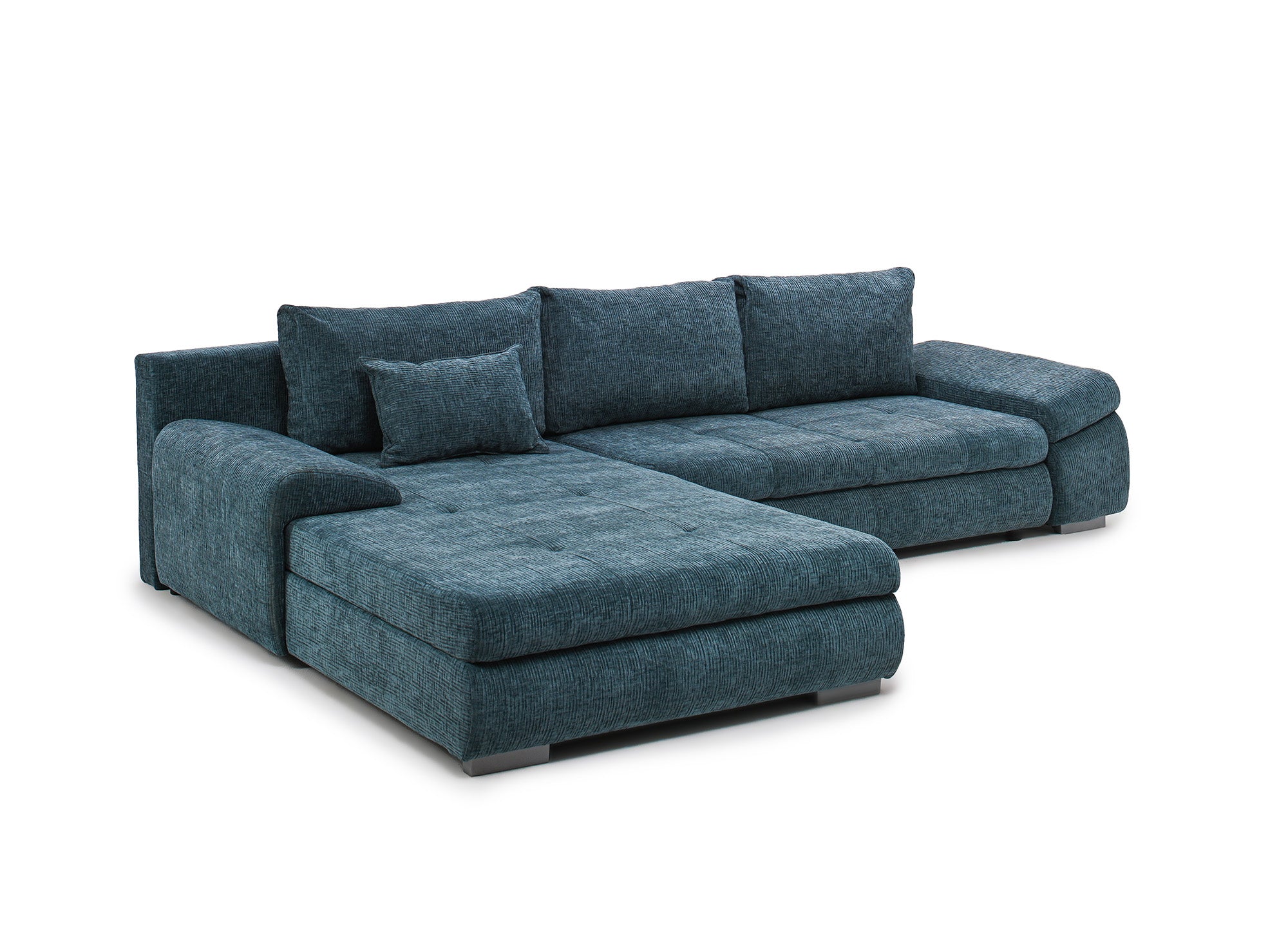 Canapé d'angle convertible réversible avec coffre en velours chiné bleu pétrole SOLEA