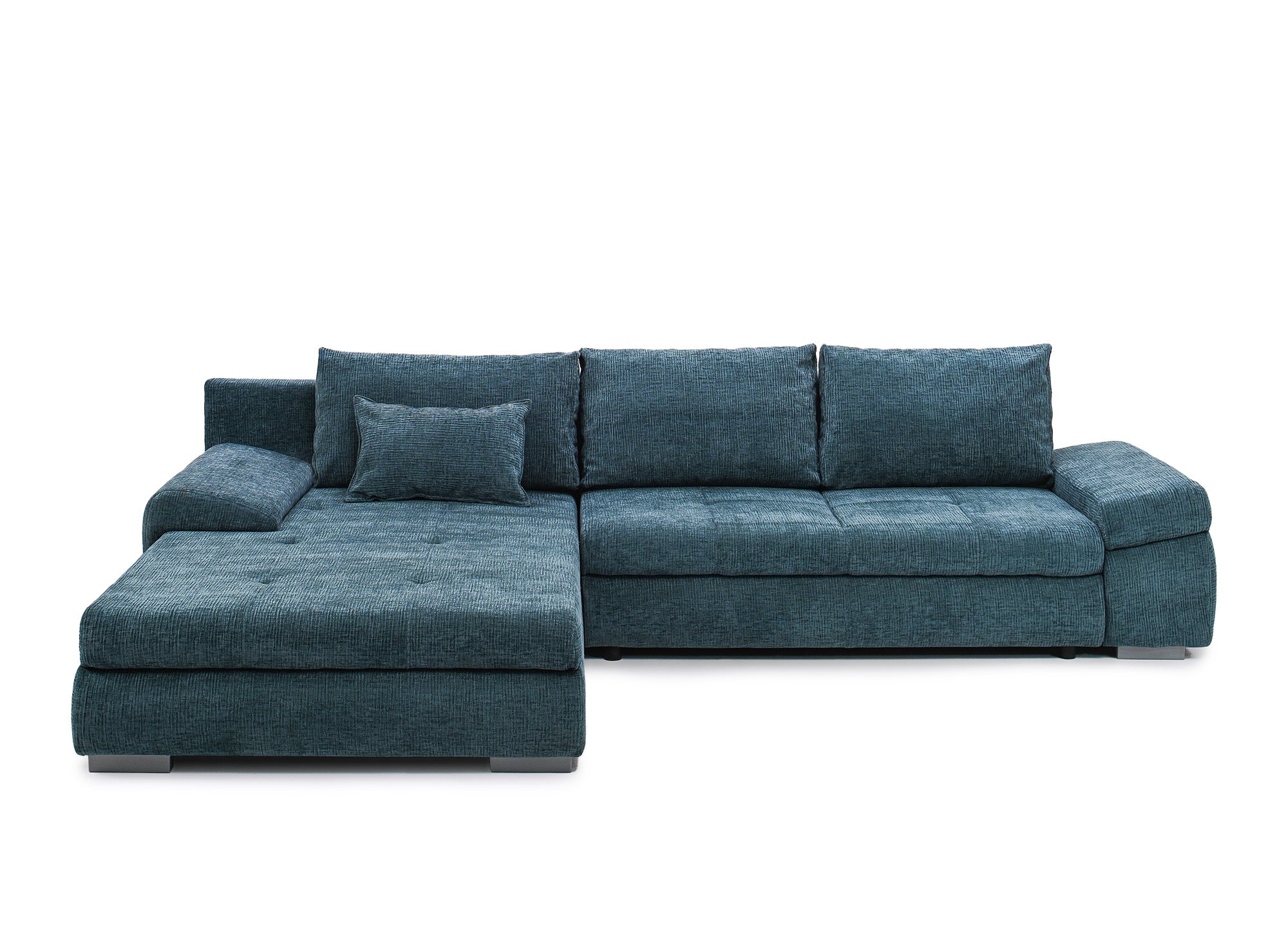 Canapé d'angle convertible réversible avec coffre en velours chiné bleu pétrole SOLEA