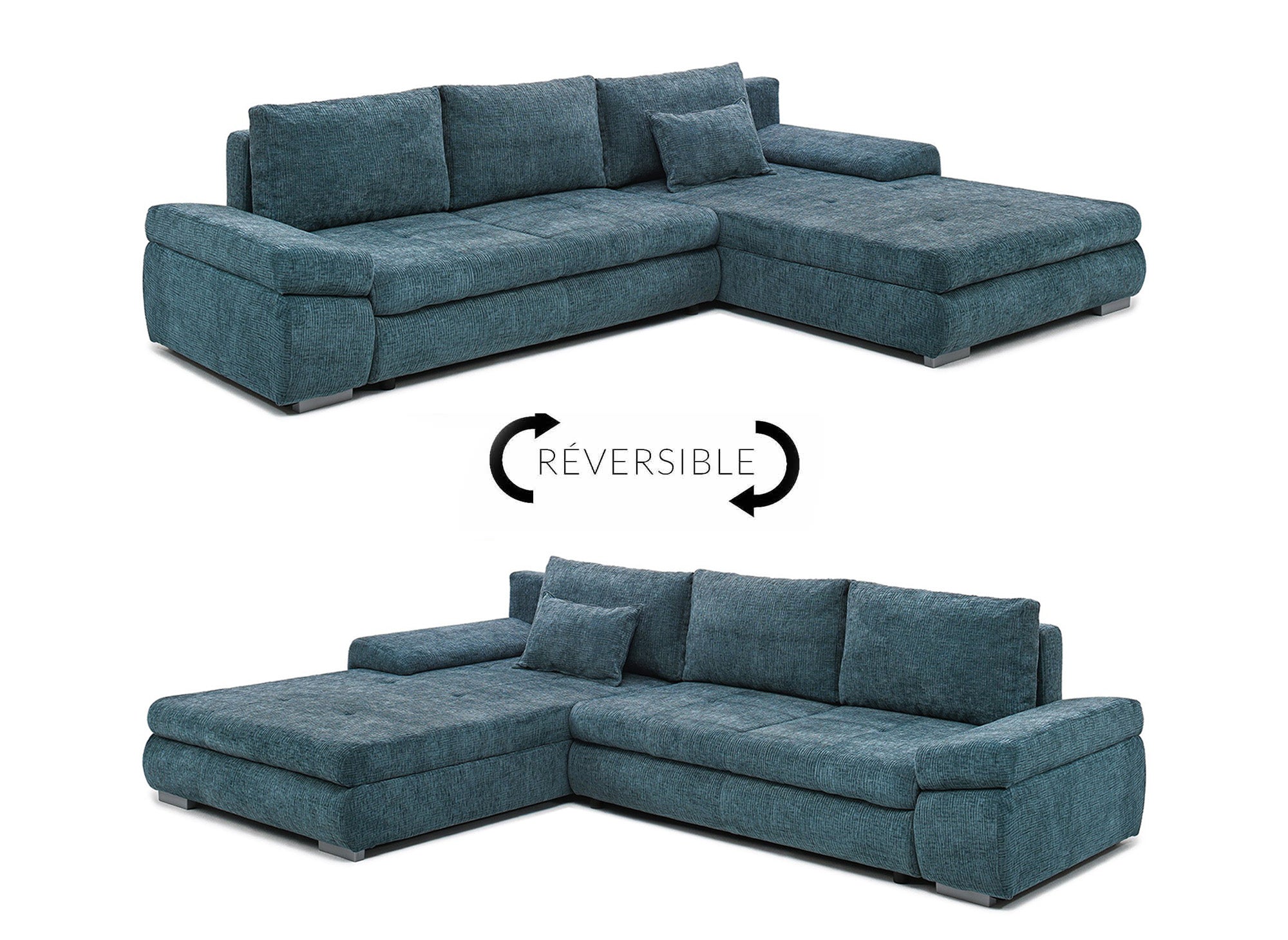 Canapé d'angle convertible réversible avec coffre en velours chiné bleu pétrole SOLEA