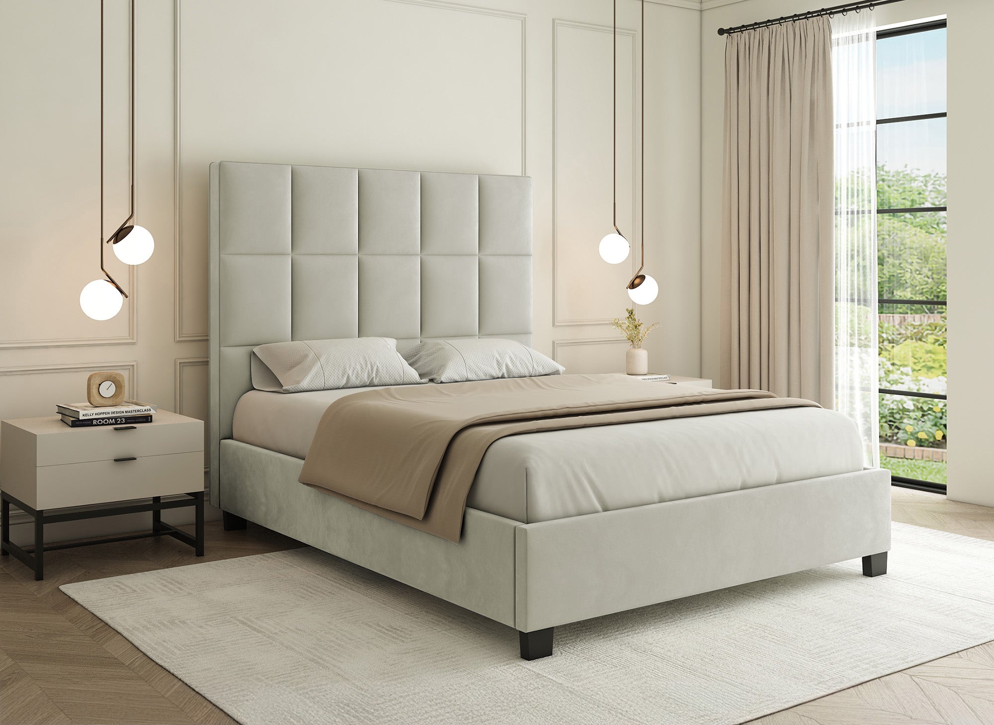 Letto contenitore design CAROLINE in velluto beige 160 x 200 cm