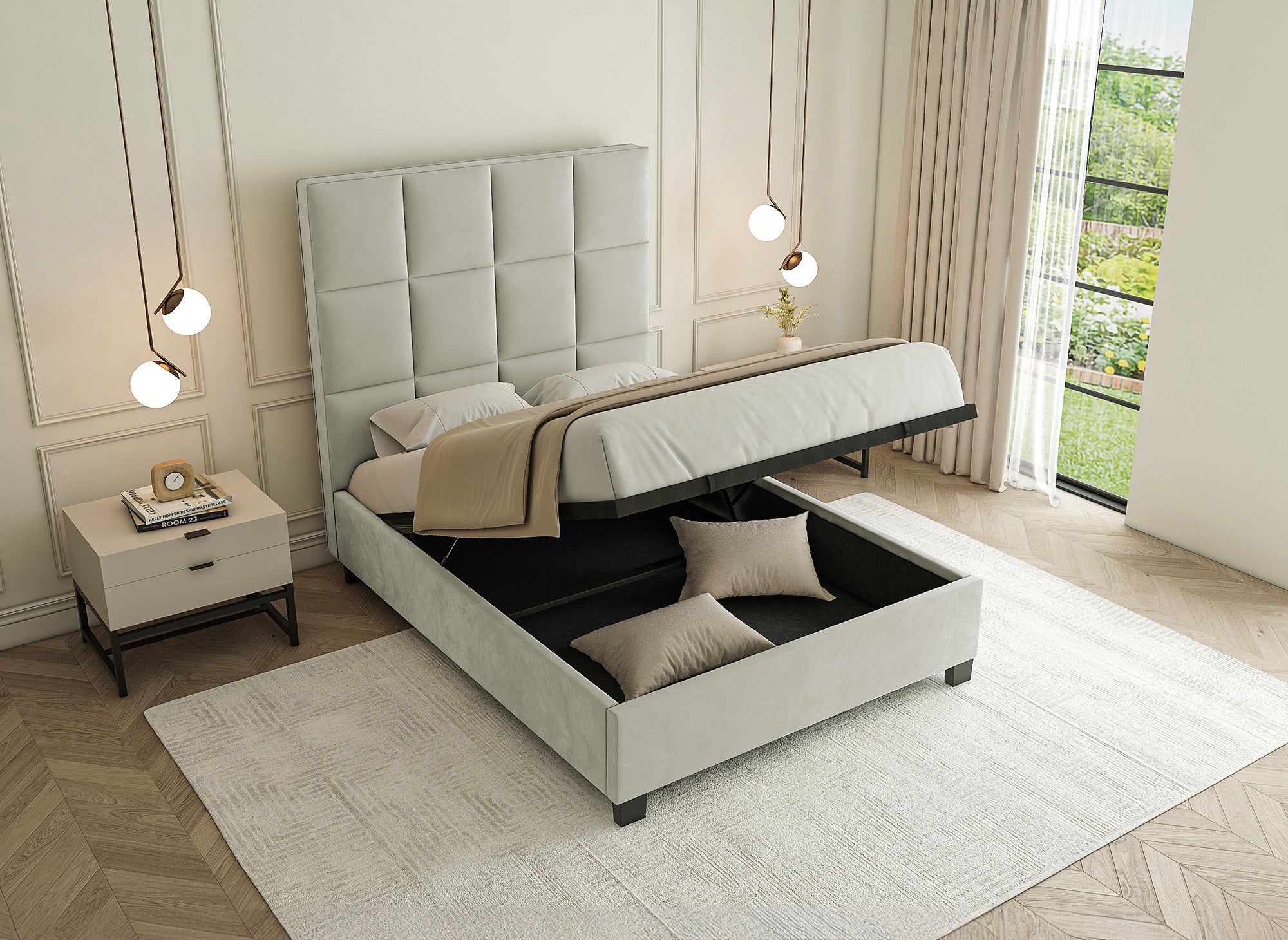 Lit coffre en velours beige design CAROLINE 140 x 190 cm