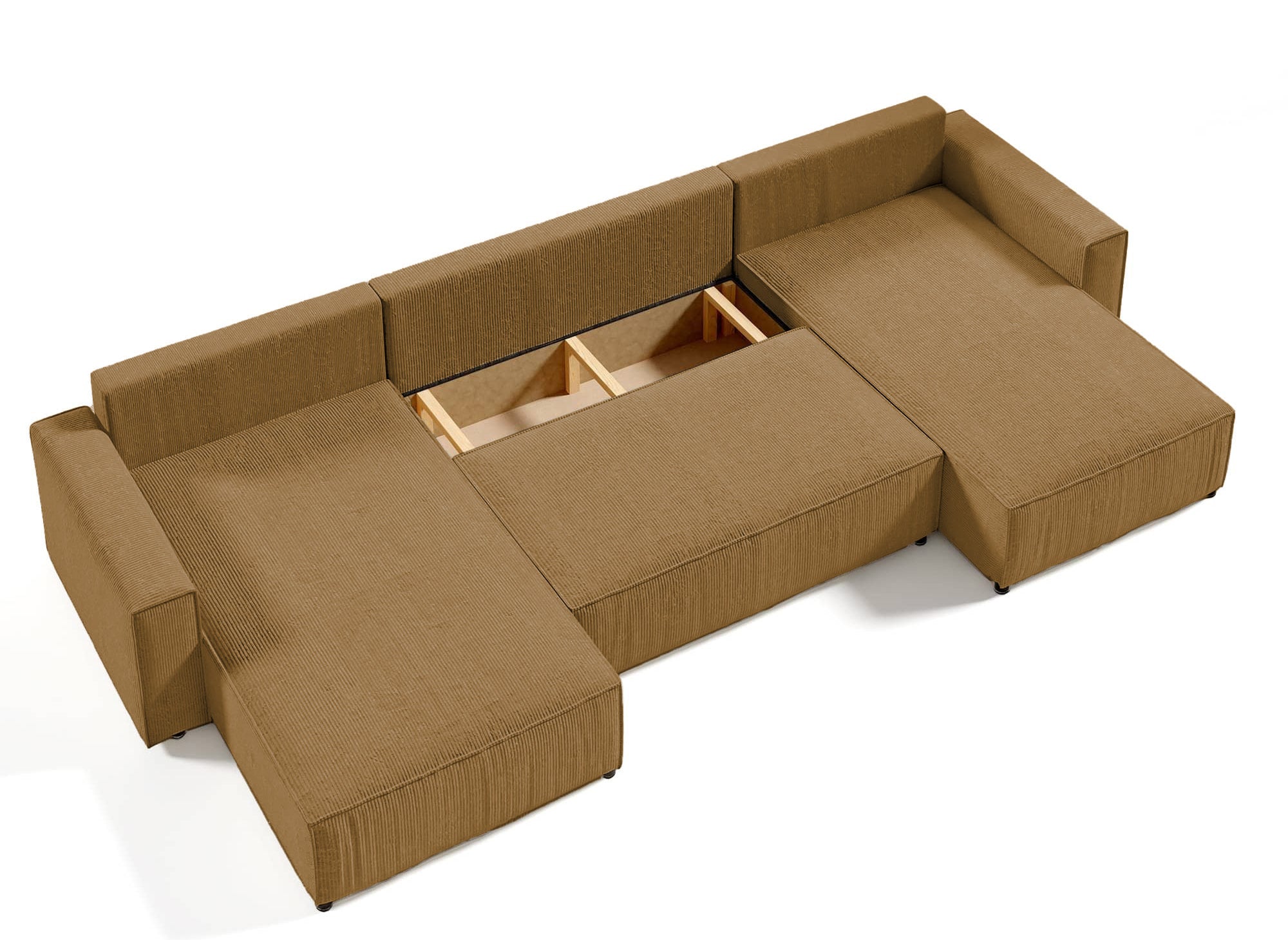 Canapé panoramique convertible avec coffre en velours cotelé moutarde - JADE
