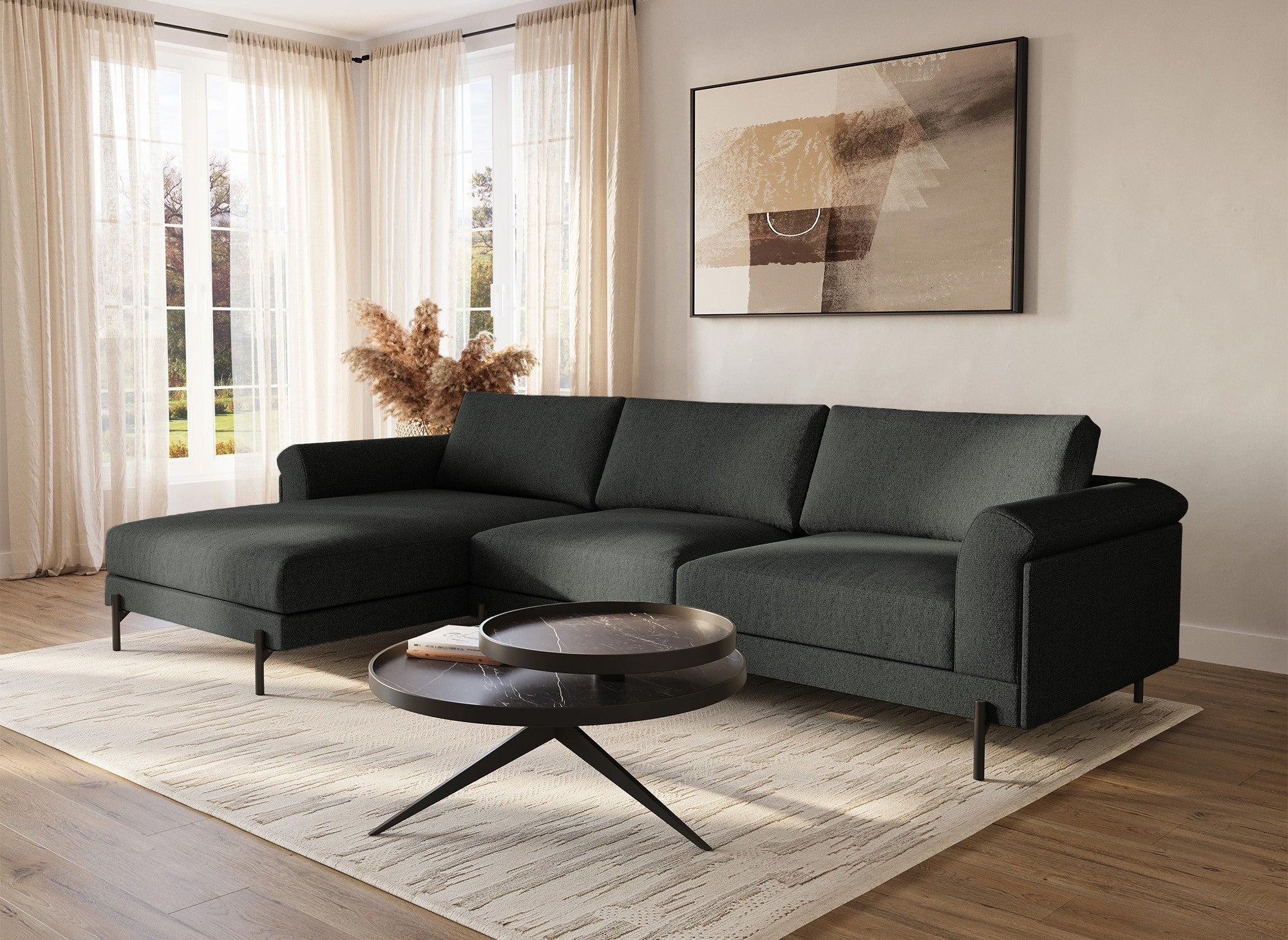 Canapé d'angle avec méridienne en tissu gris foncé LEIA - Angle Gauche