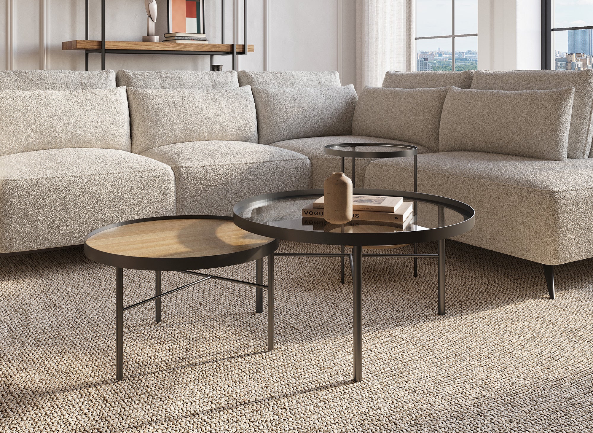 Lot de 3 tables basses rondes en bois et verre RIONA