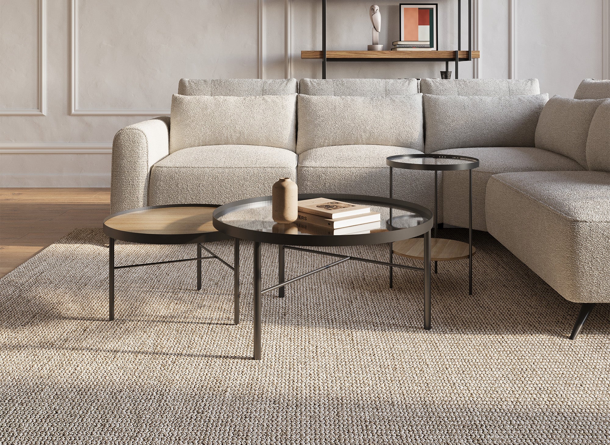 Lot de 3 tables basses rondes en bois et verre RIONA