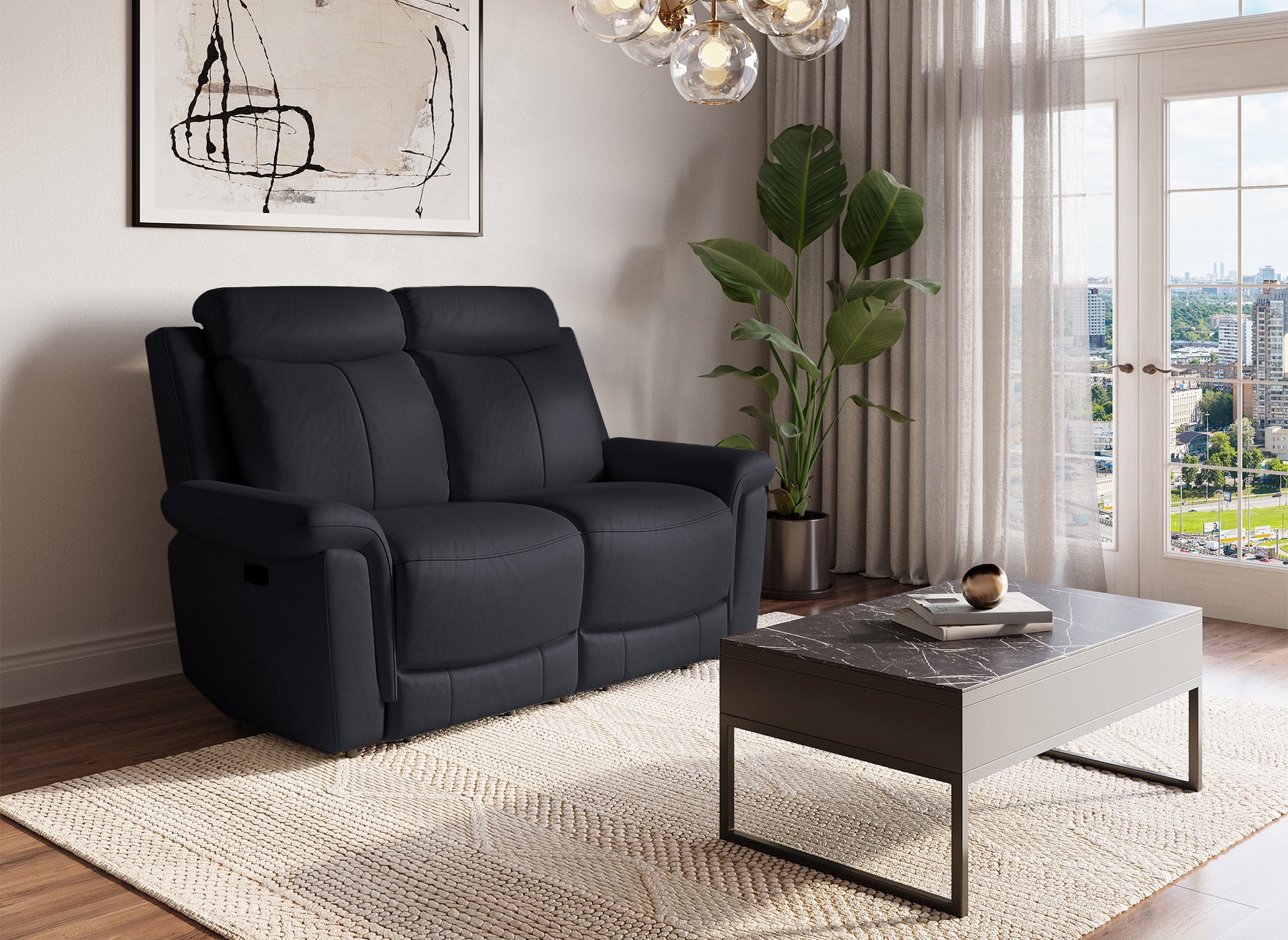 Canapé 2 places relax électrique en cuir noir ERNEST