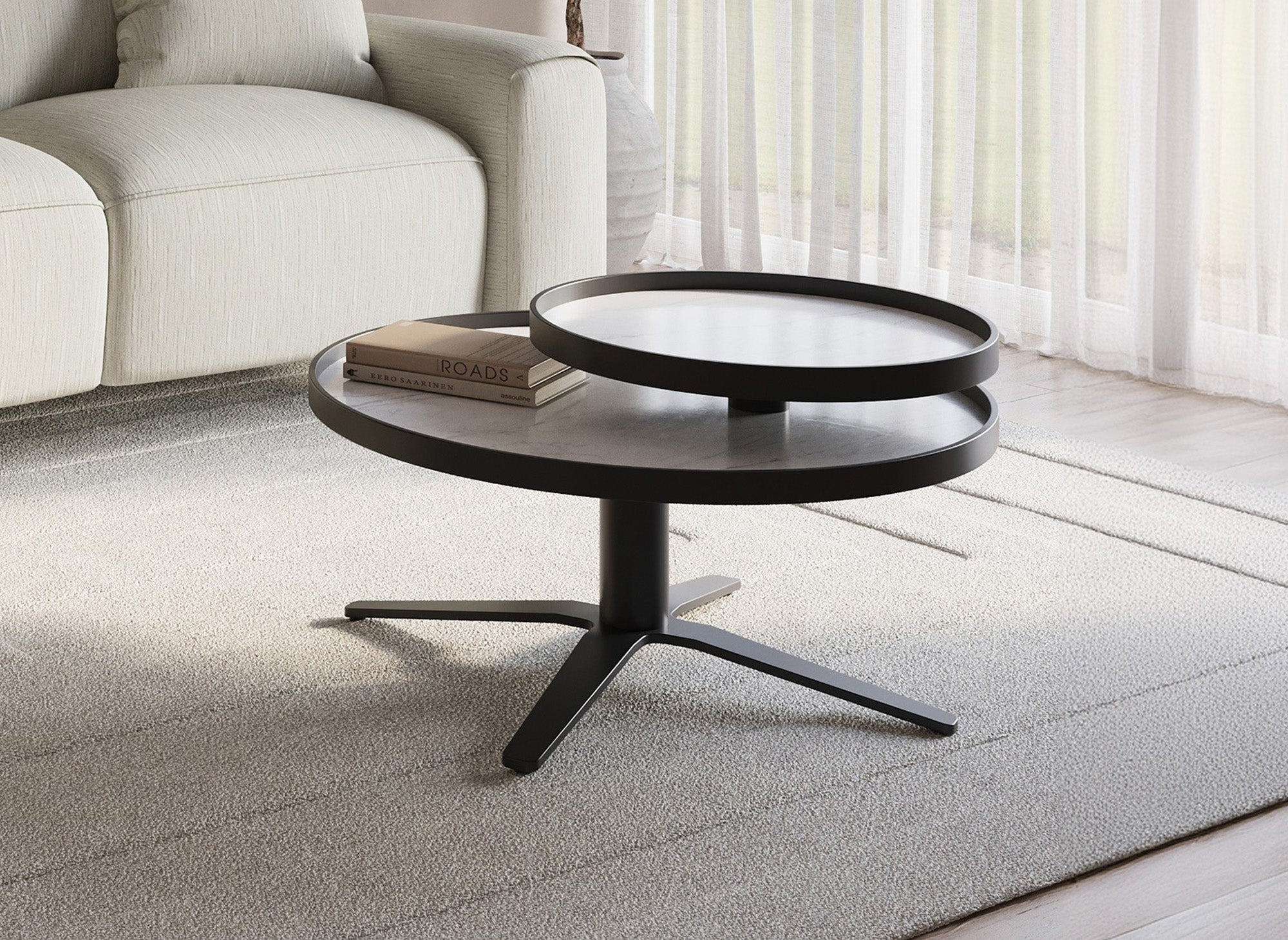 Table basse ronde à plateau pivotant en céramique blanche CLOELIE