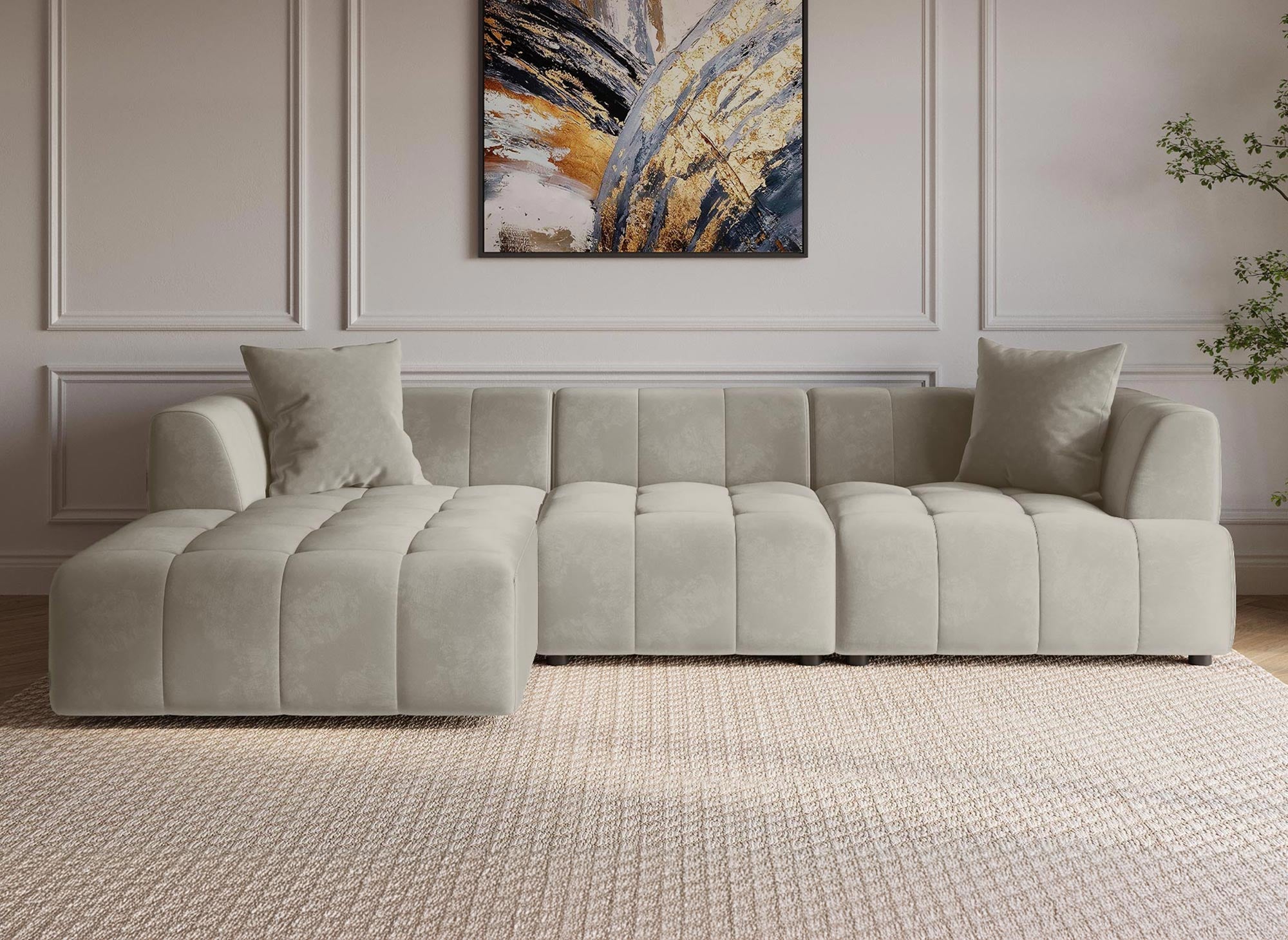 Divano angolare con chaise longue in velluto beige KELIA - Left Angle