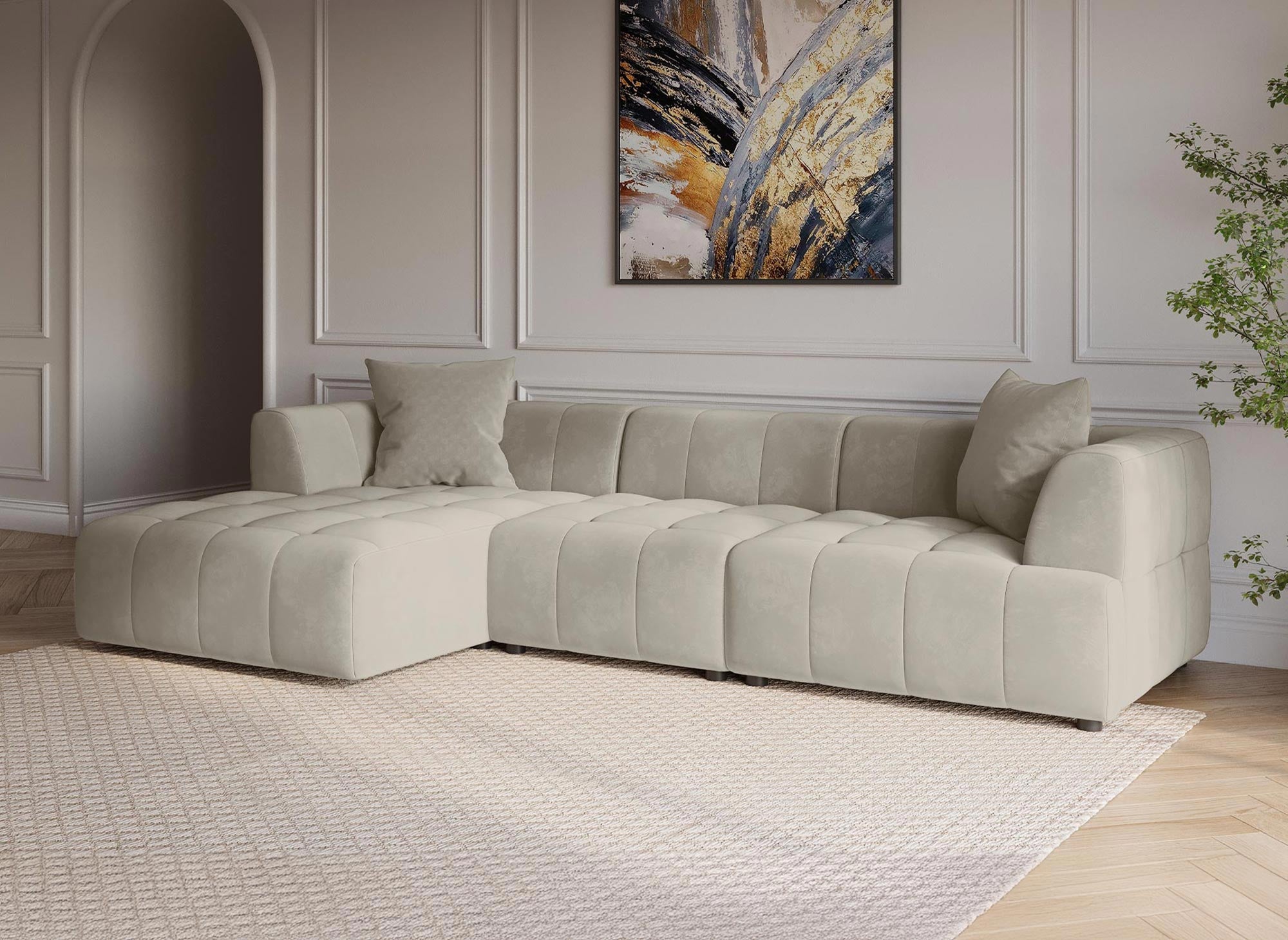 Divano angolare con chaise longue in velluto beige KELIA - Left Angle