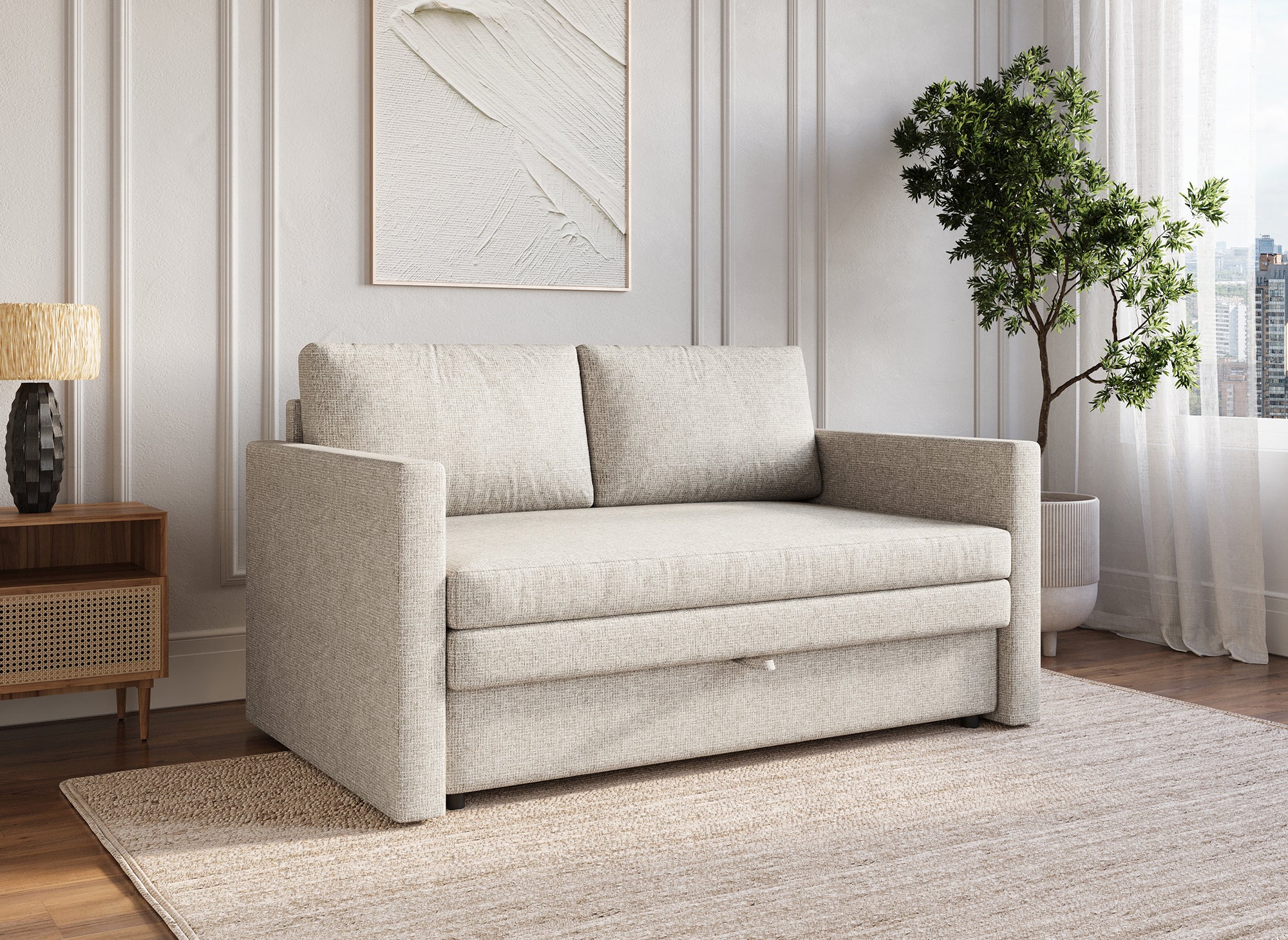 Canapé convertible 2 places avec coffre de rangement en tissu beige YERAZ