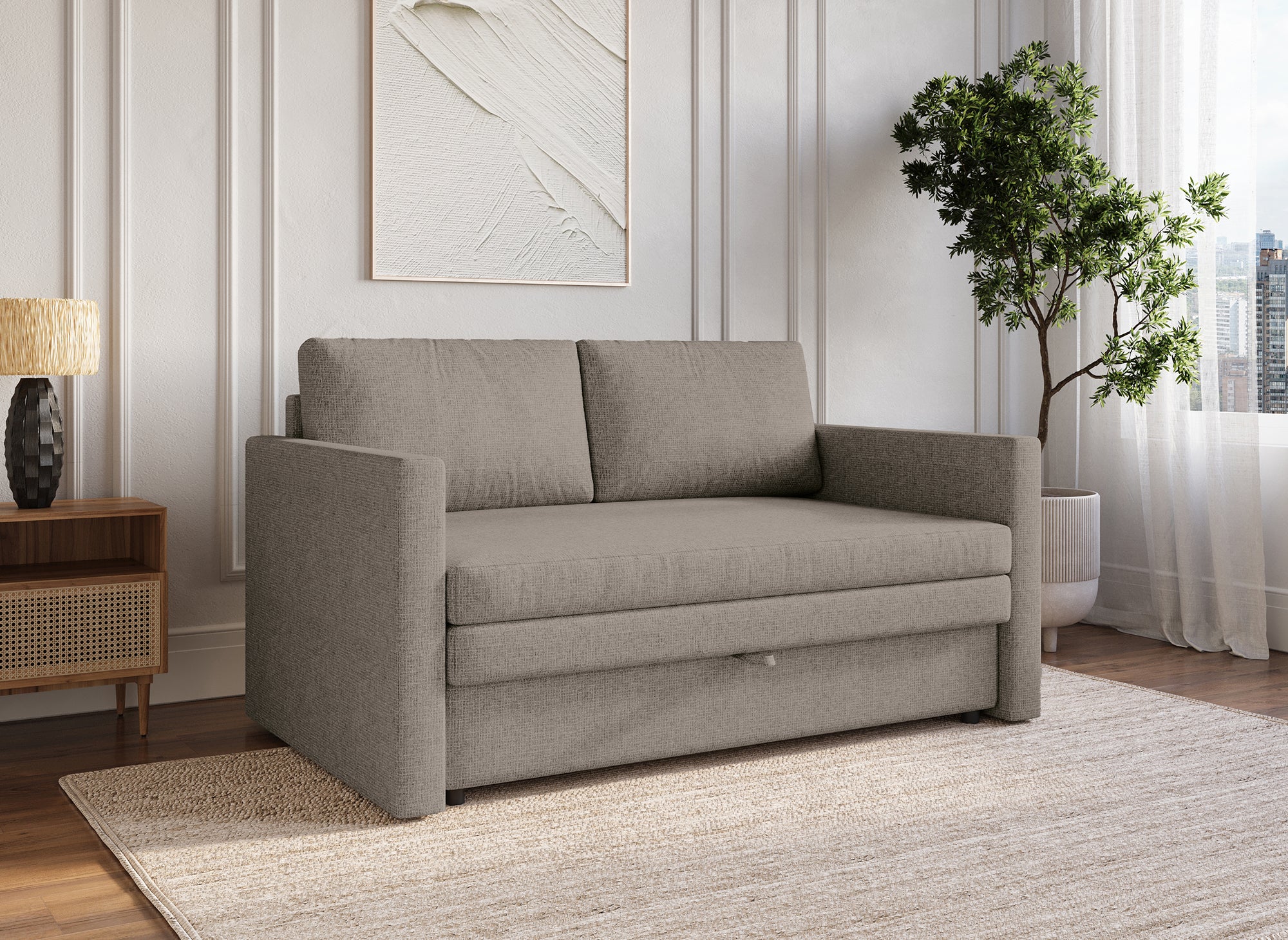 Canapé convertible 2 places avec coffre de rangement en tissu taupe YERAZ