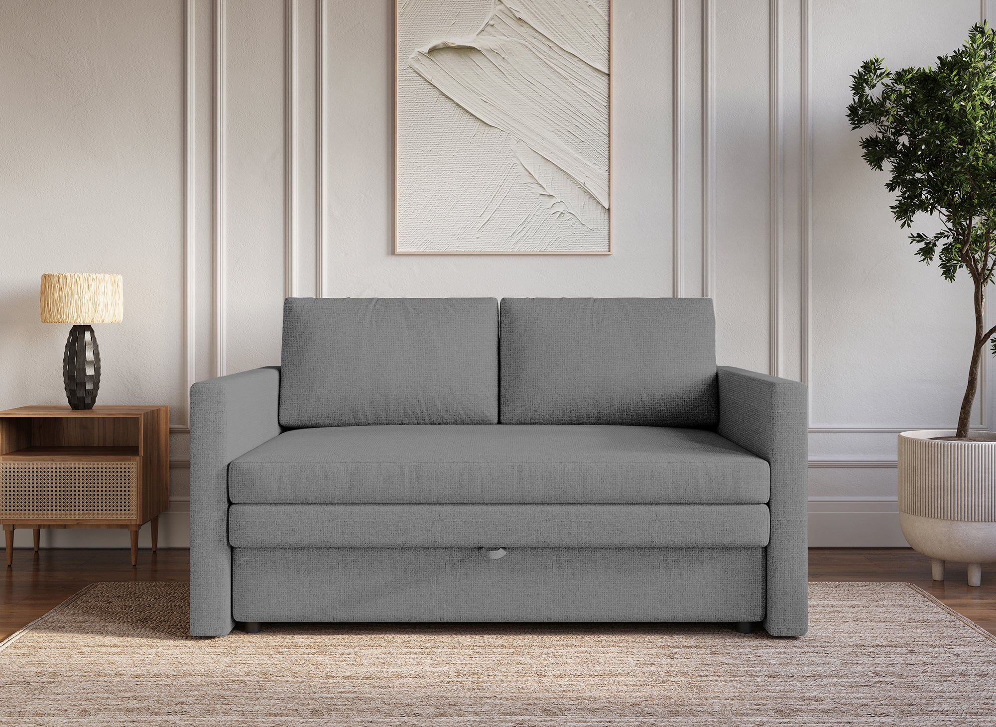 Canapé convertible 2 places avec coffre de rangement en tissu gris YERAZ