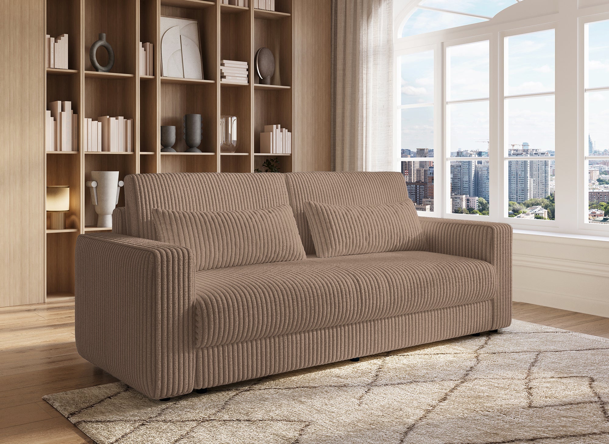 Canapé convertible 3 places avec coffre en velours côtelé épais taupe ZURIA