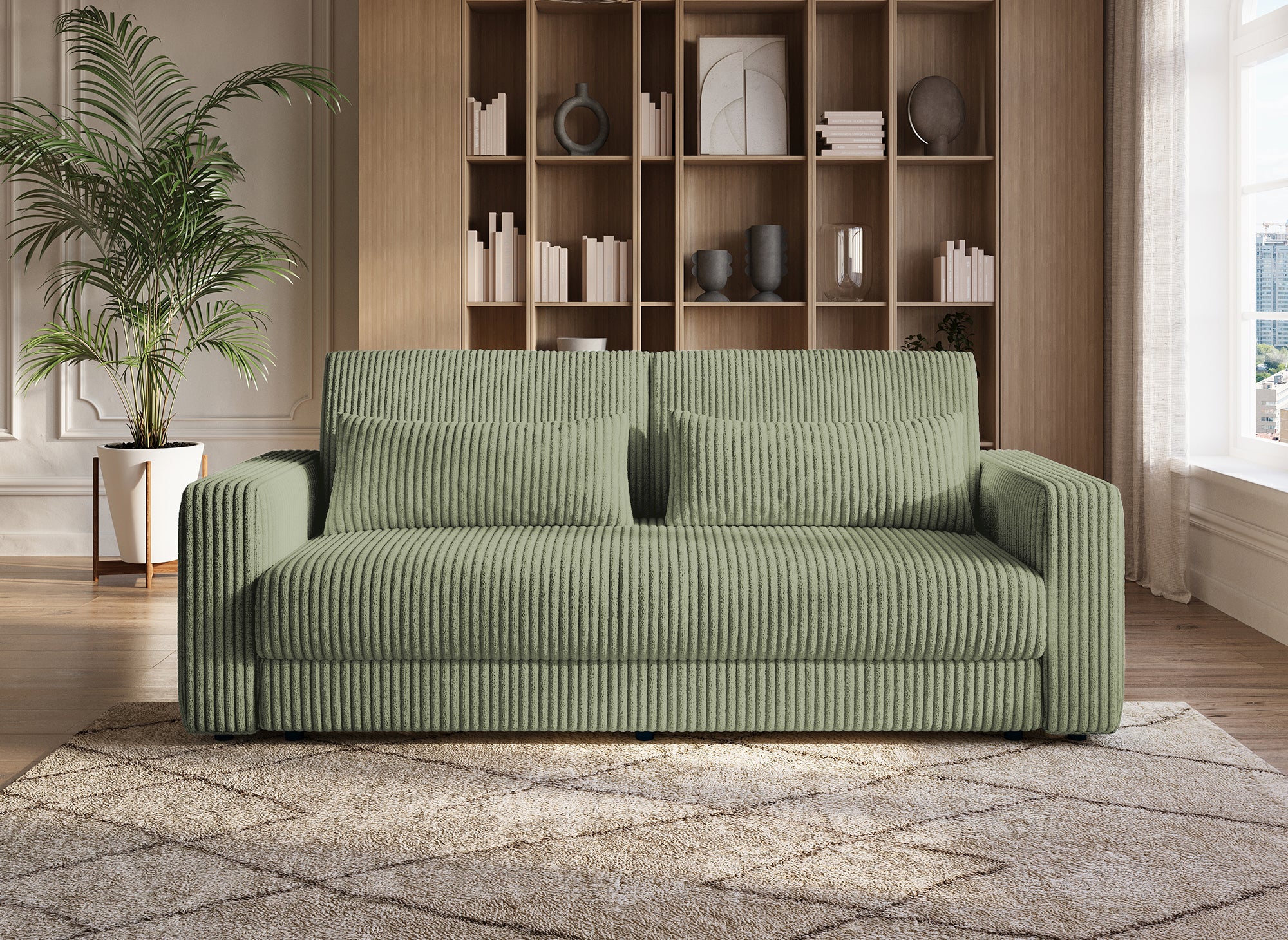 Divano trasformabile a 3 posti con cassapanca in spesso velluto a coste verde kaki ZURIA