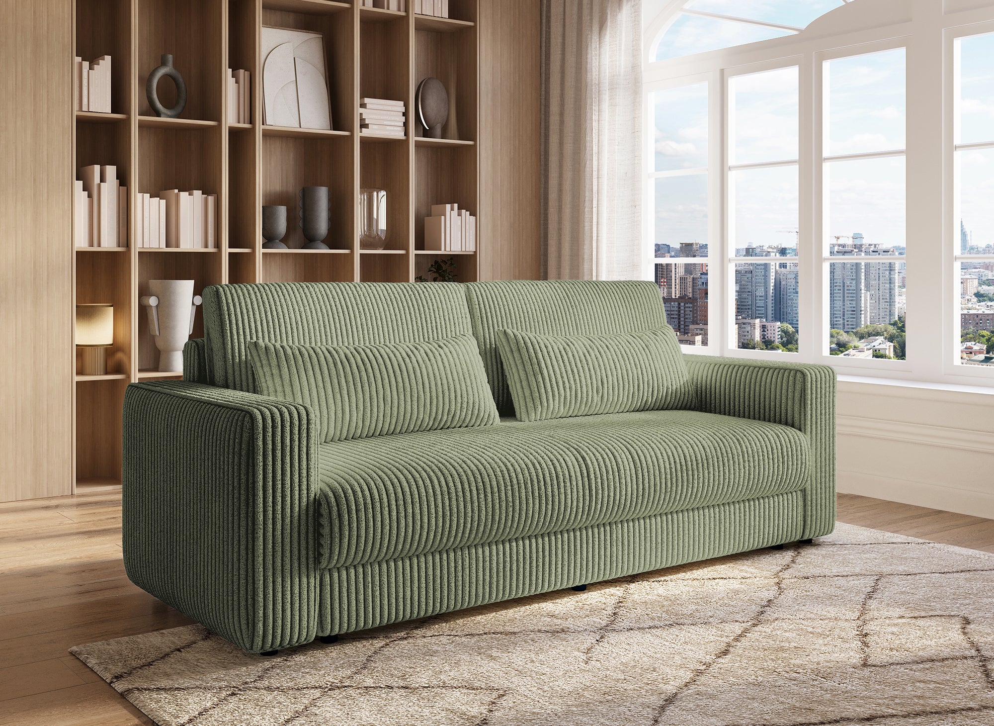 Divano trasformabile a 3 posti con cassapanca in spesso velluto a coste verde kaki ZURIA