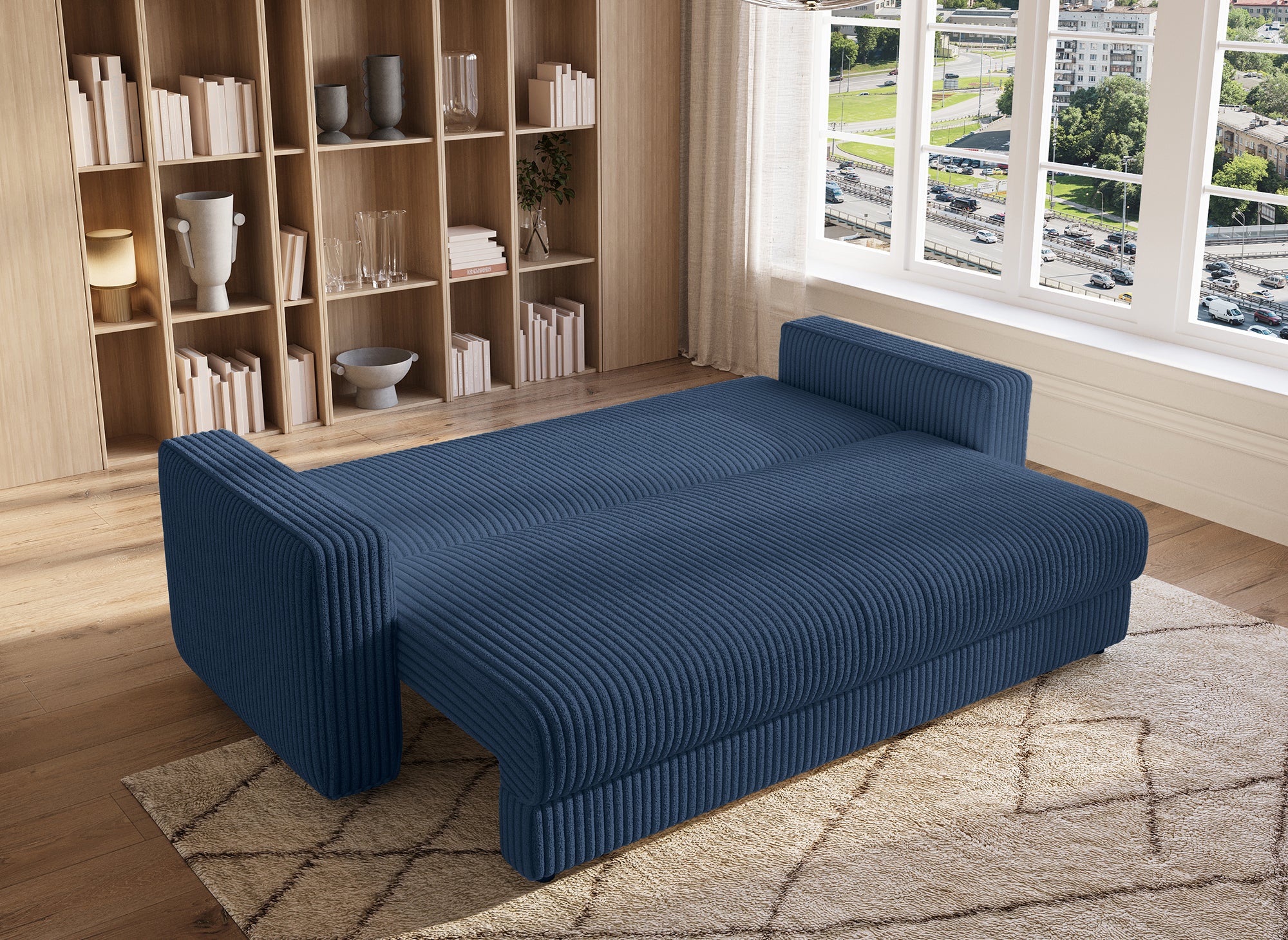 Canapé convertible 3 places avec coffre en velours côtelé épais bleu ZURIA