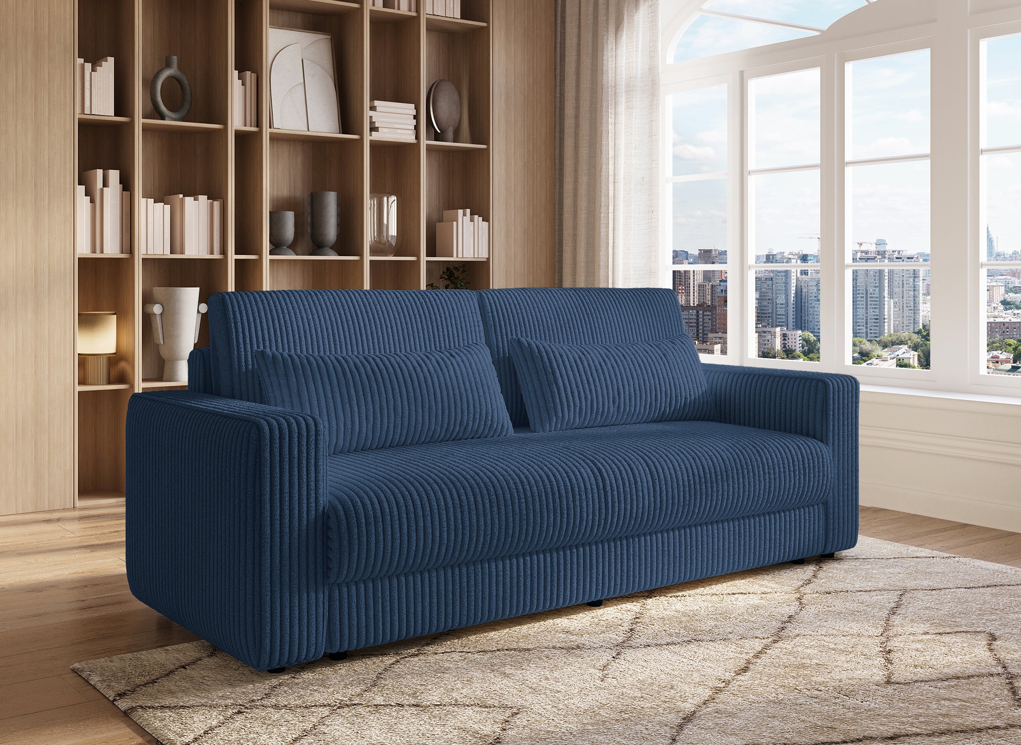 Canapé convertible 3 places avec coffre en velours côtelé épais bleu ZURIA