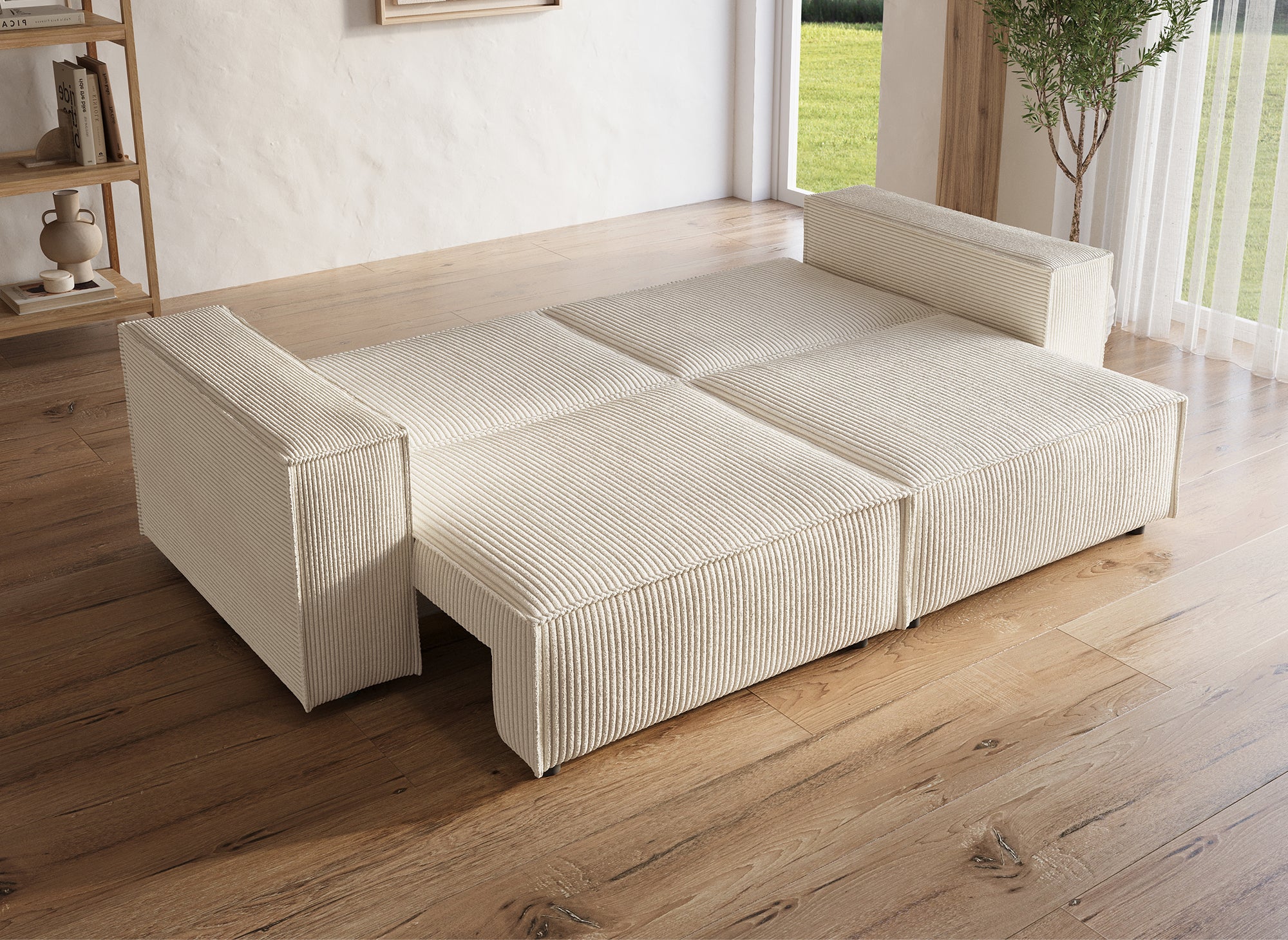 Divano trasformabile a 3 posti con cassapanca in velluto a coste beige JADE