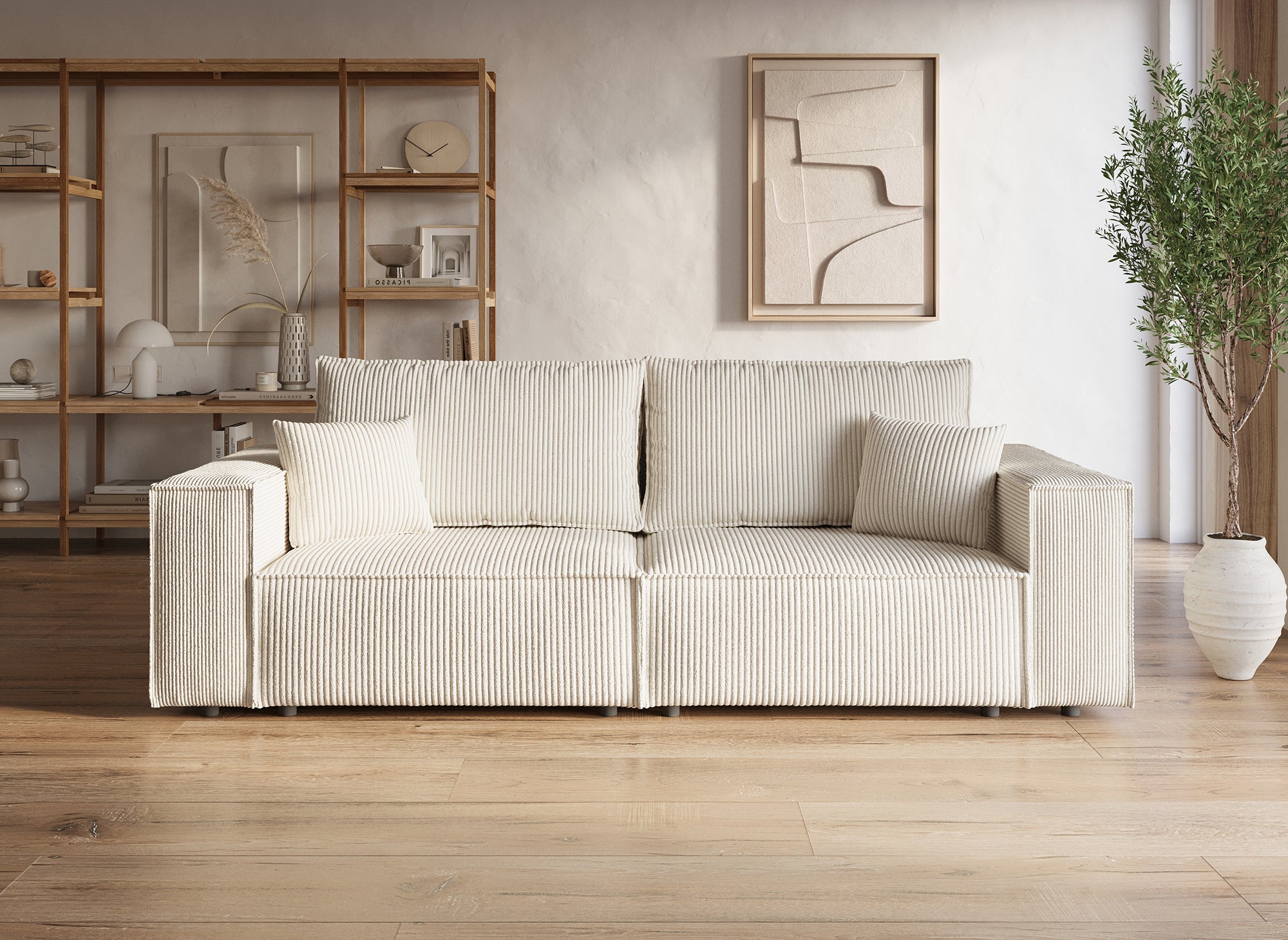 Divano trasformabile a 3 posti con cassapanca in velluto a coste beige JADE