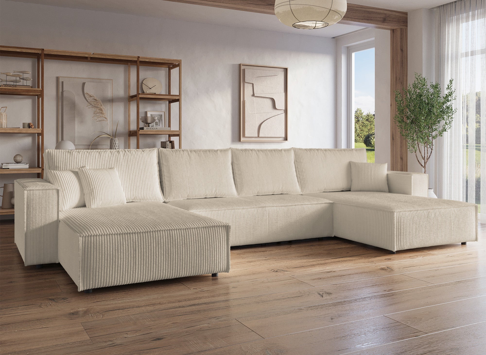 Canapé panoramique convertible avec coffre en velours côtelé beige - JADE