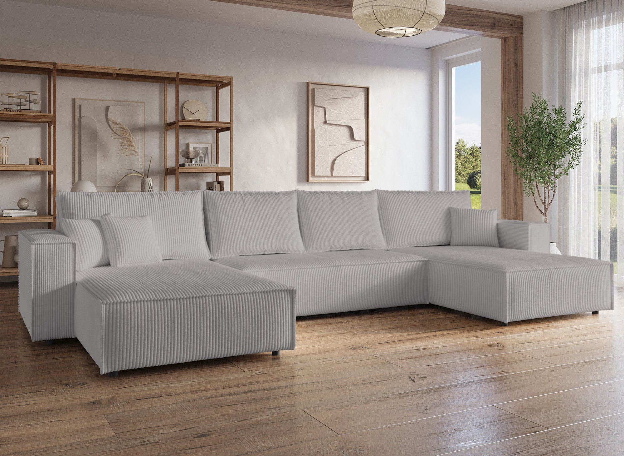 Canapé panoramique convertible avec coffre en velours cotelé gris clair - JADE