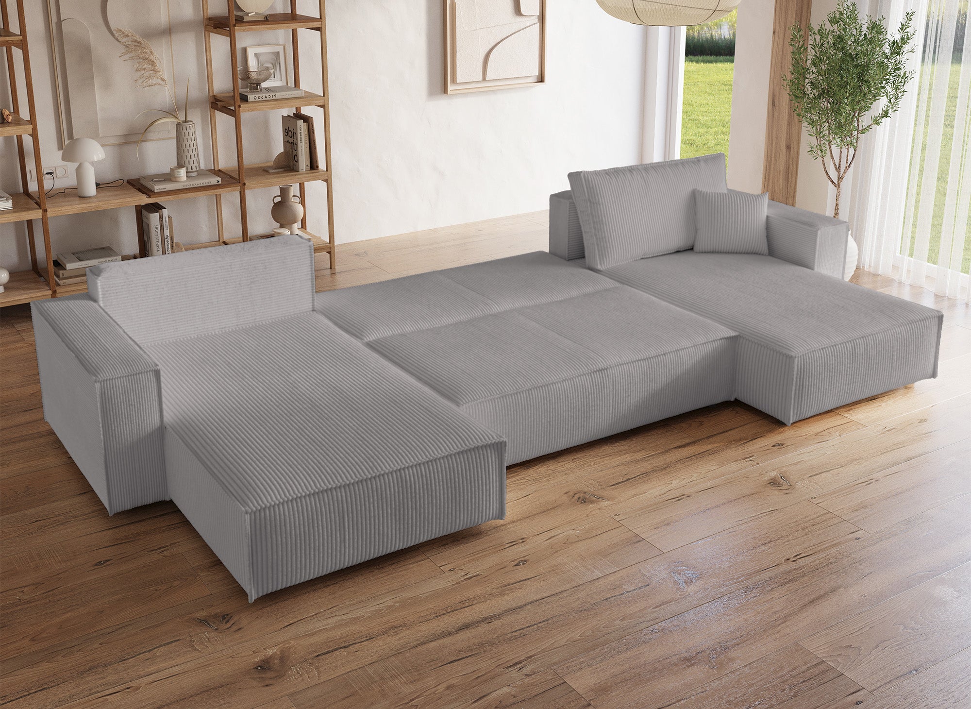 Canapé panoramique convertible avec coffre en velours cotelé gris clair - JADE