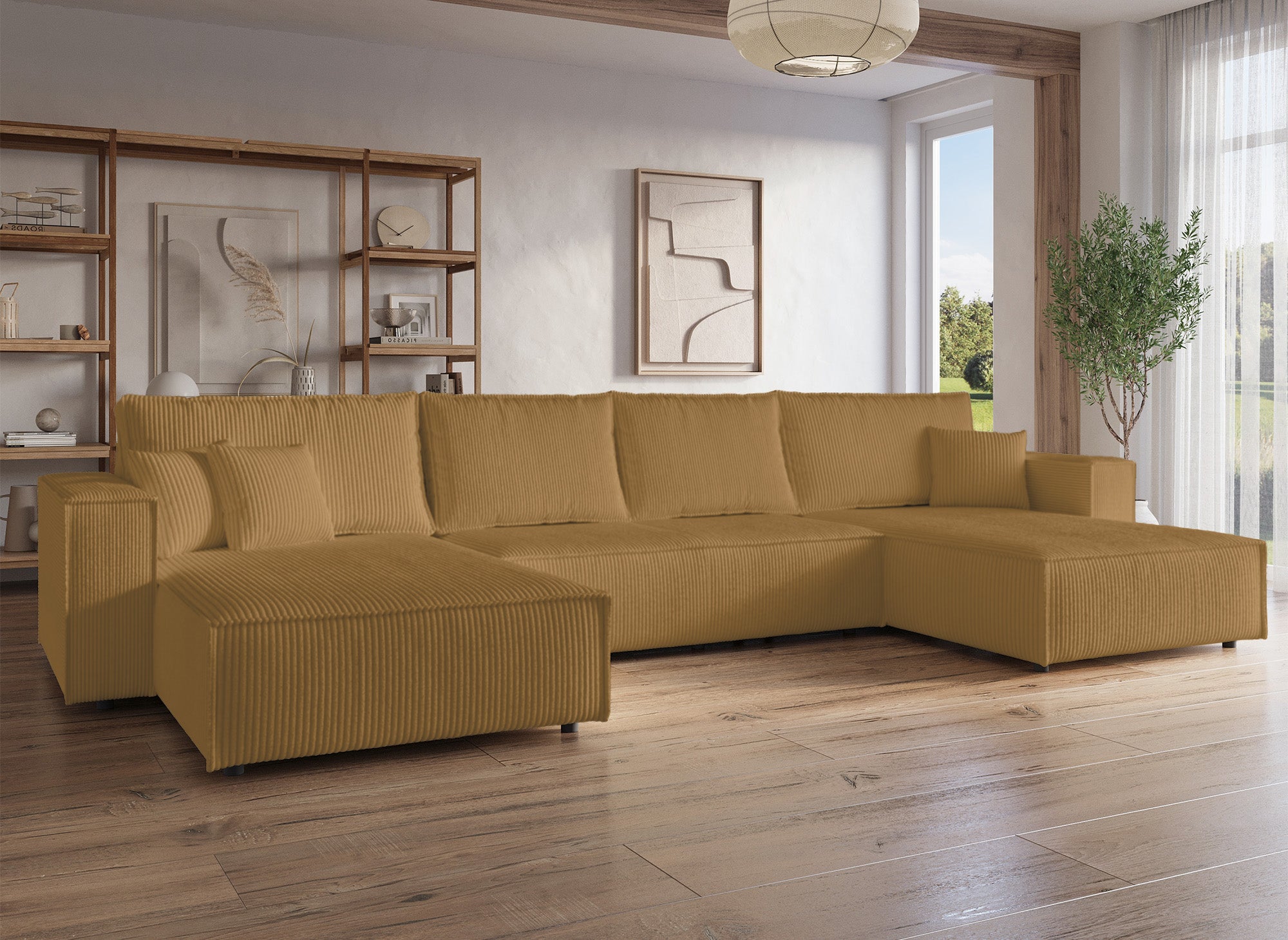 Canapé panoramique convertible avec coffre en velours cotelé moutarde - JADE