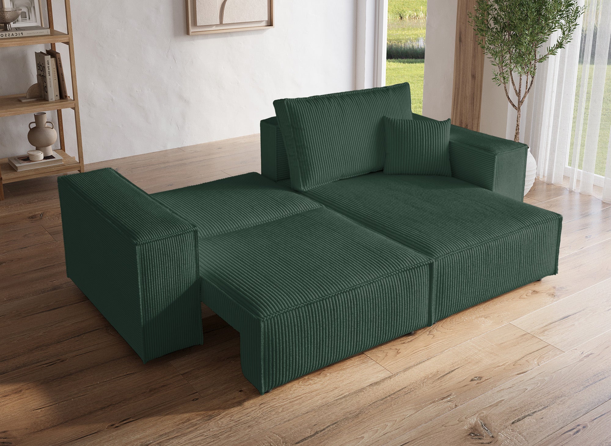 Canapé d'angle convertible et réversible avec coffre en velours côtelé vert JADE MINI