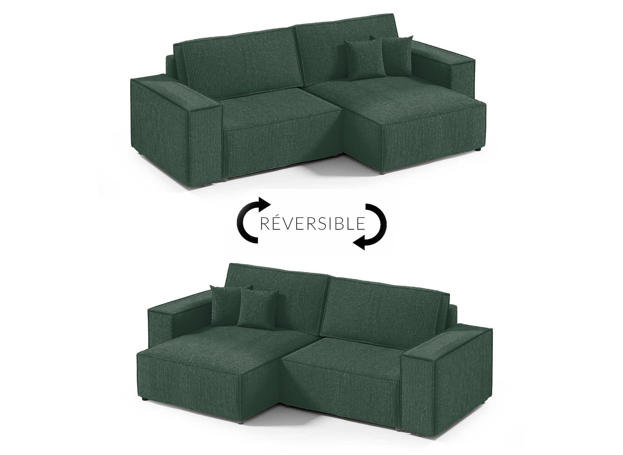 Canapé d'angle convertible et réversible avec coffre en velours côtelé vert JADE MINI