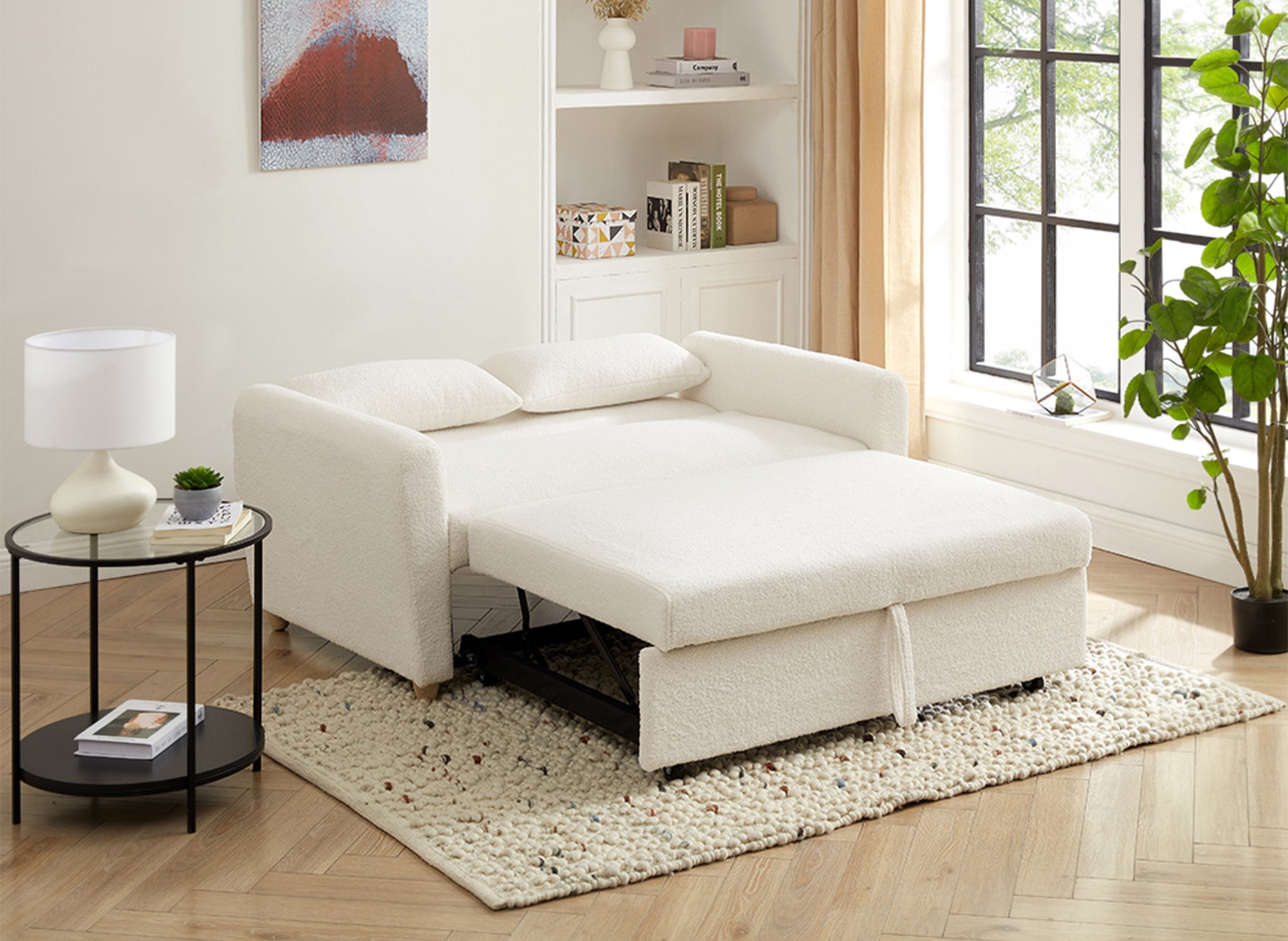Canapé convertible scandinave en tissu bouclette blanc écru KALAYA