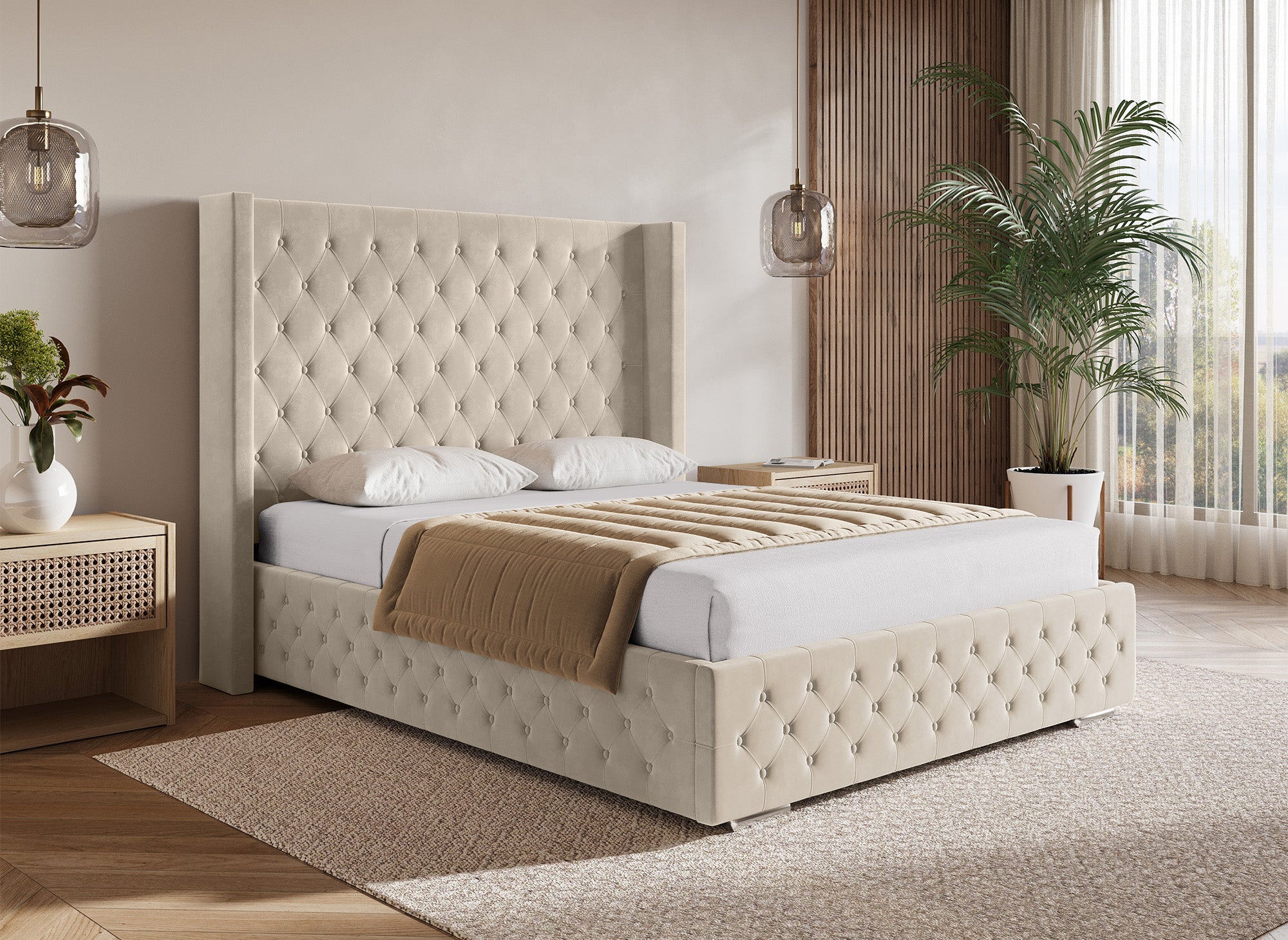 Lit coffre en velours beige 140X190 cm PERLA