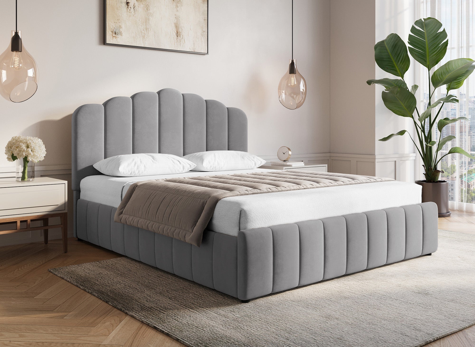 Lit coffre en velours gris 180x200 cm ELVIRA