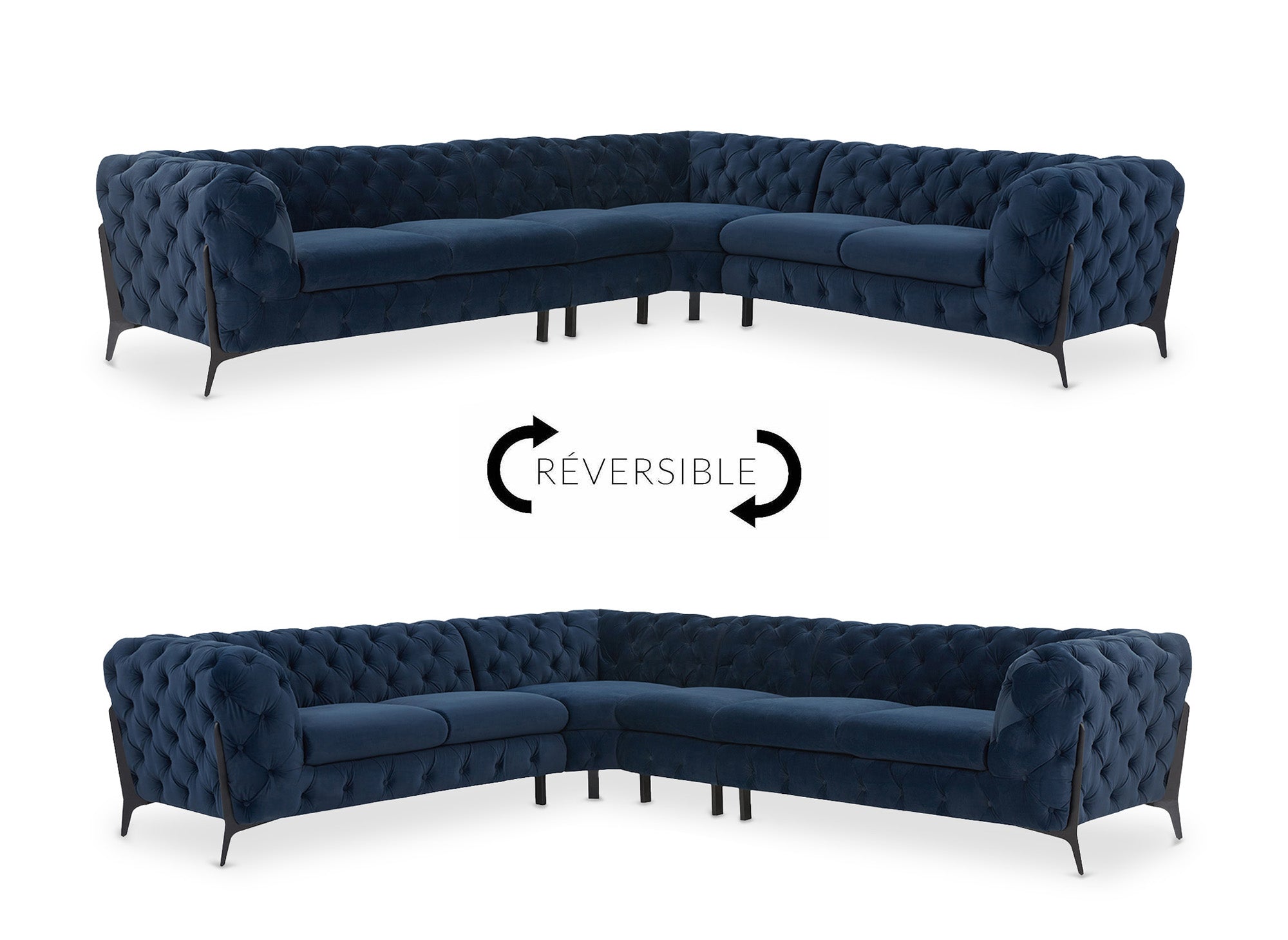 Canapé capitonné chesterfield d'angle réversible en velours bleu CARMEN