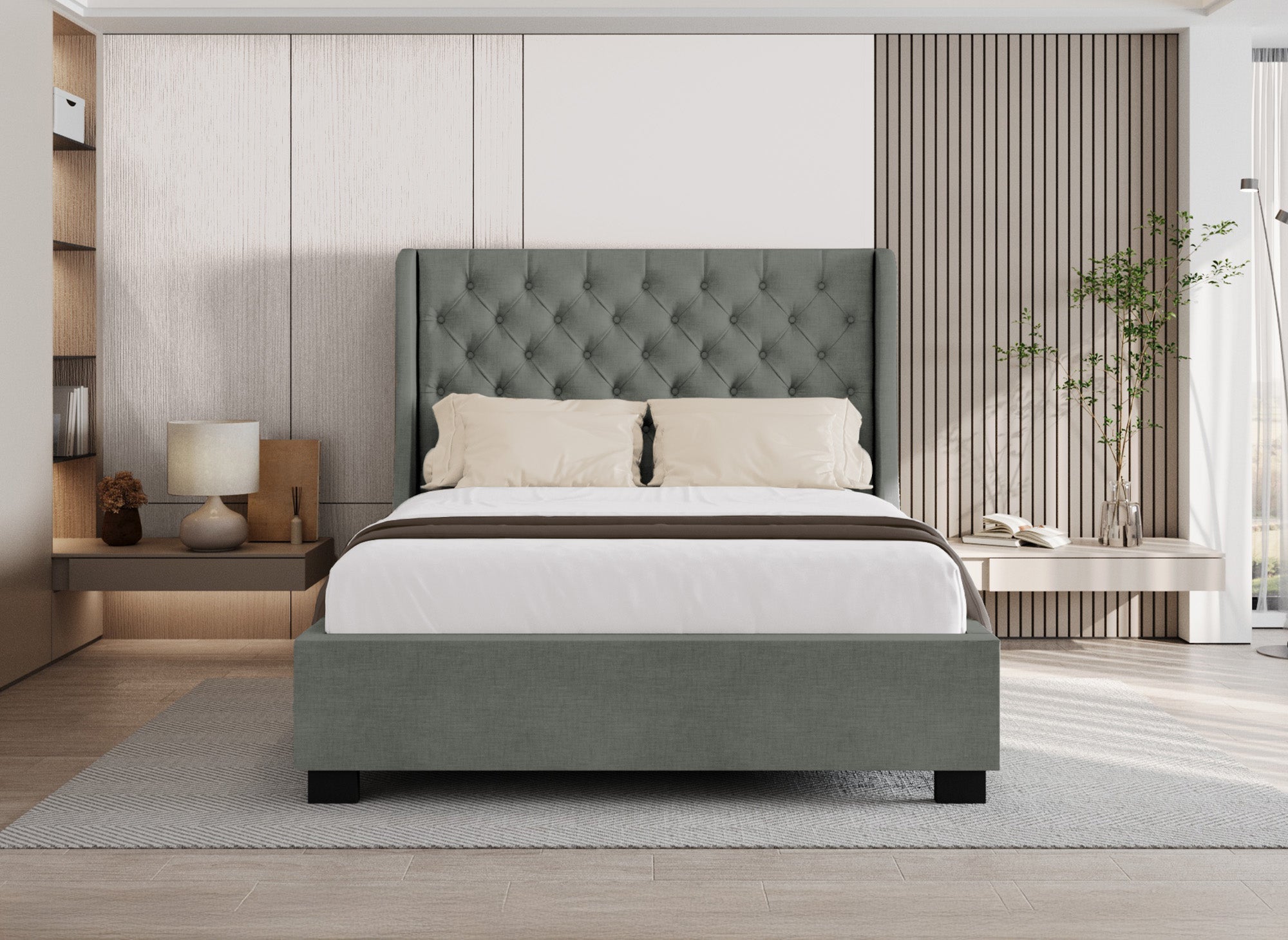 Lit coffre capitonné en tissu lin gris FLORINE 180 x 200 cm