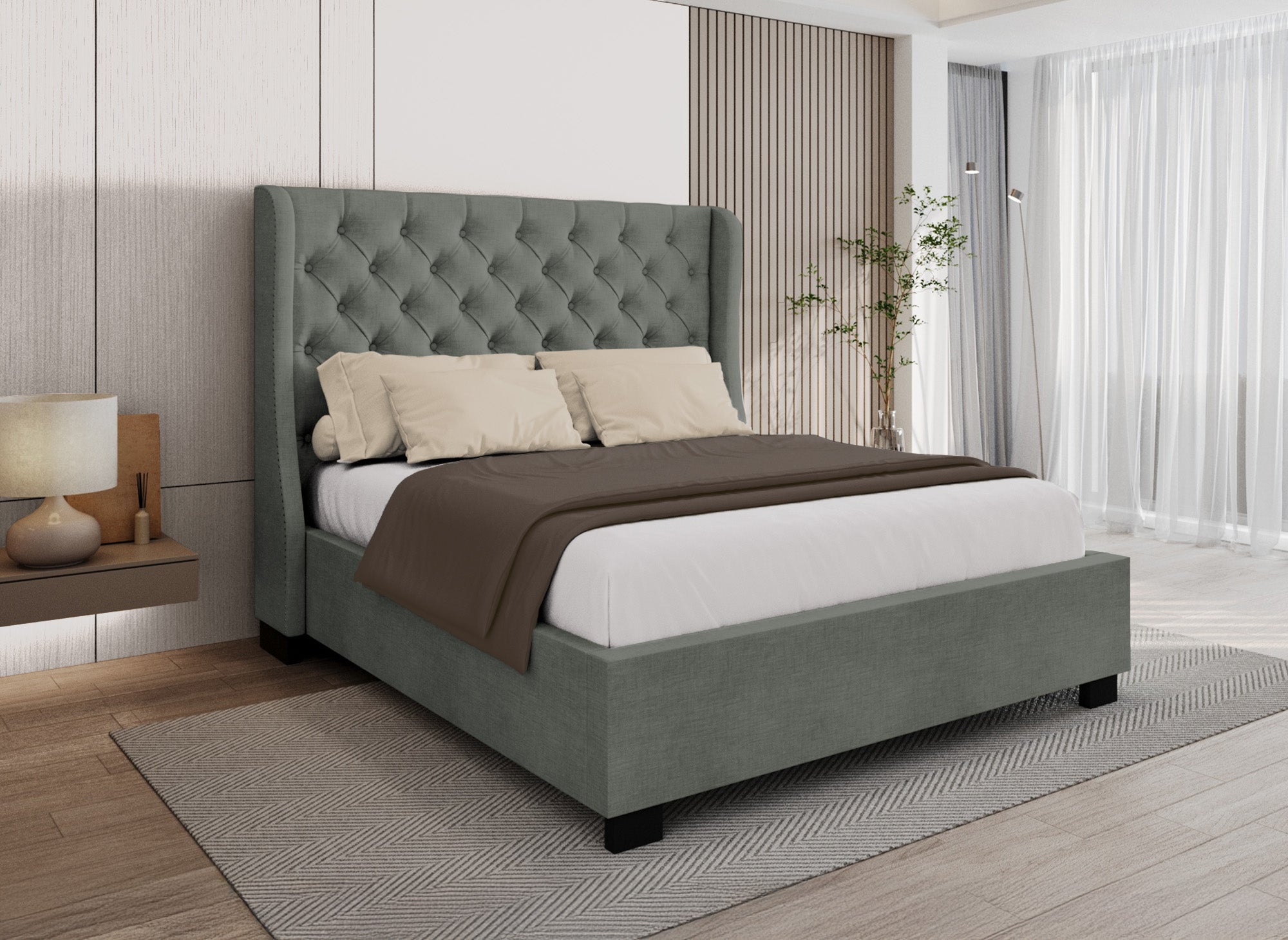 Lit coffre capitonné en tissu lin gris FLORINE 180 x 200 cm