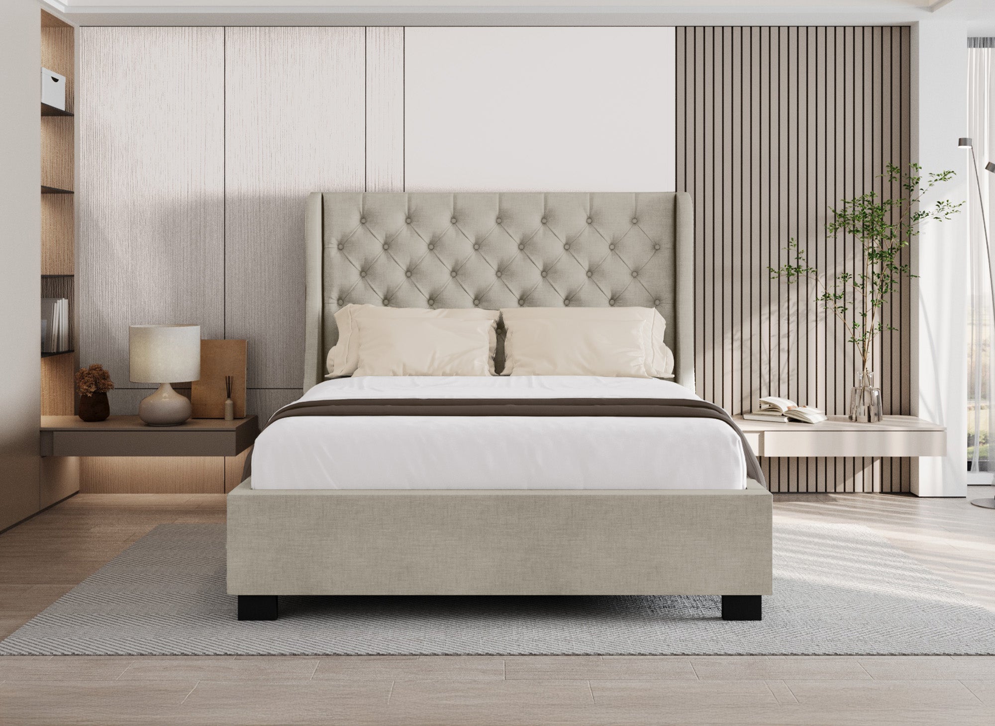 Letto contenitore imbottito in tessuto di lino beige FLORINE 140 x 190 cm