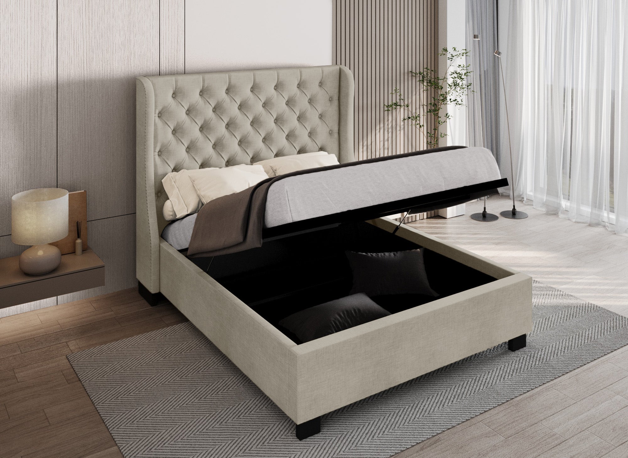 Letto contenitore imbottito in tessuto di lino beige FLORINE 140 x 190 cm