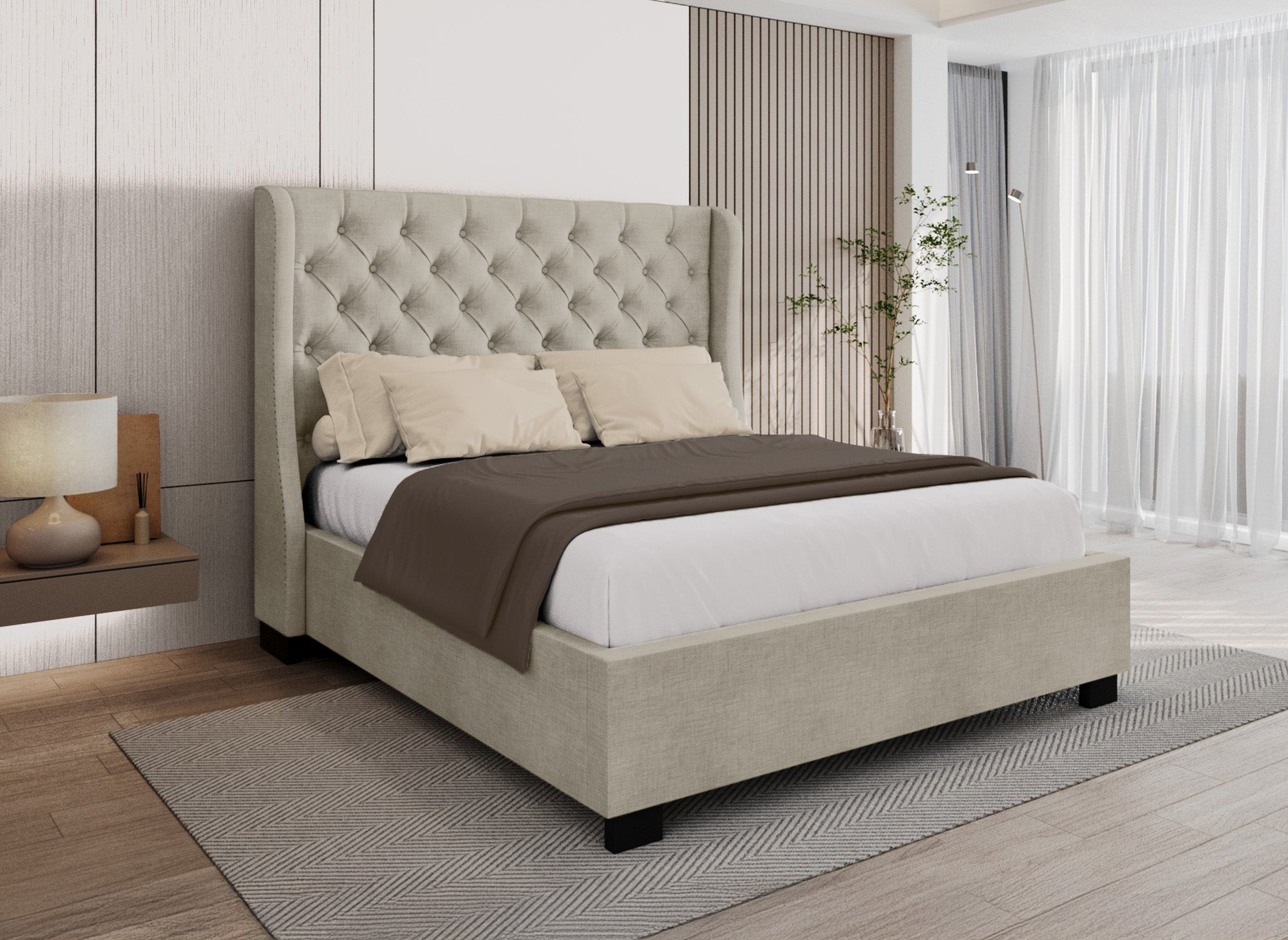 Letto contenitore imbottito in tessuto di lino beige FLORINE 140 x 190 cm