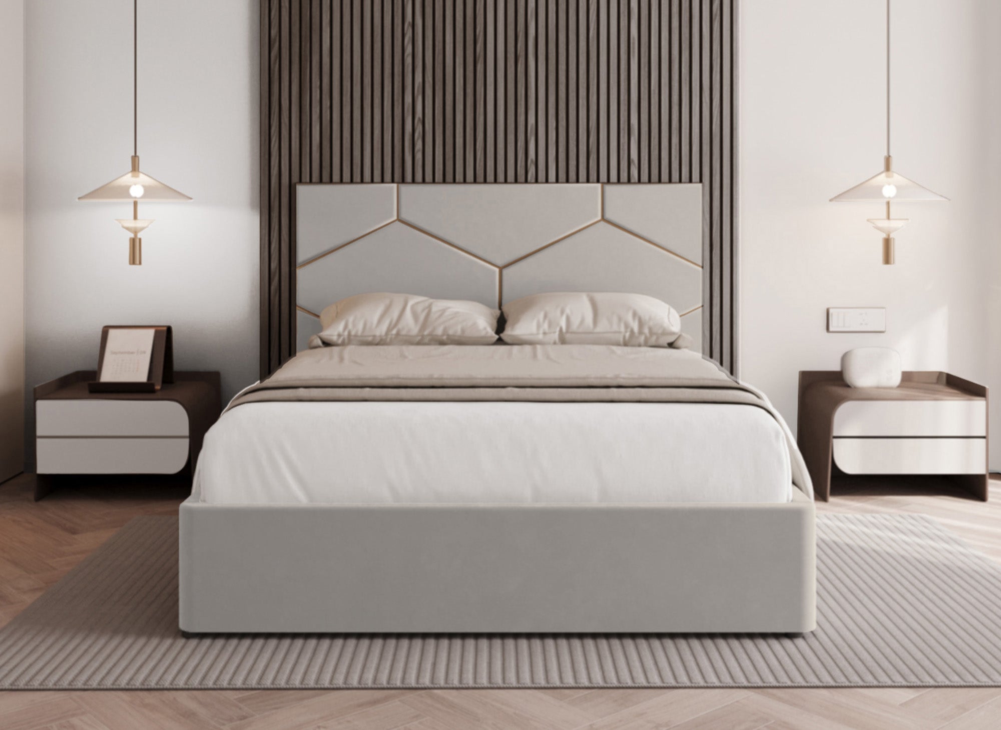 Letto contenitore con testiera di design in velluto tortora LARA 140 x 190 cm