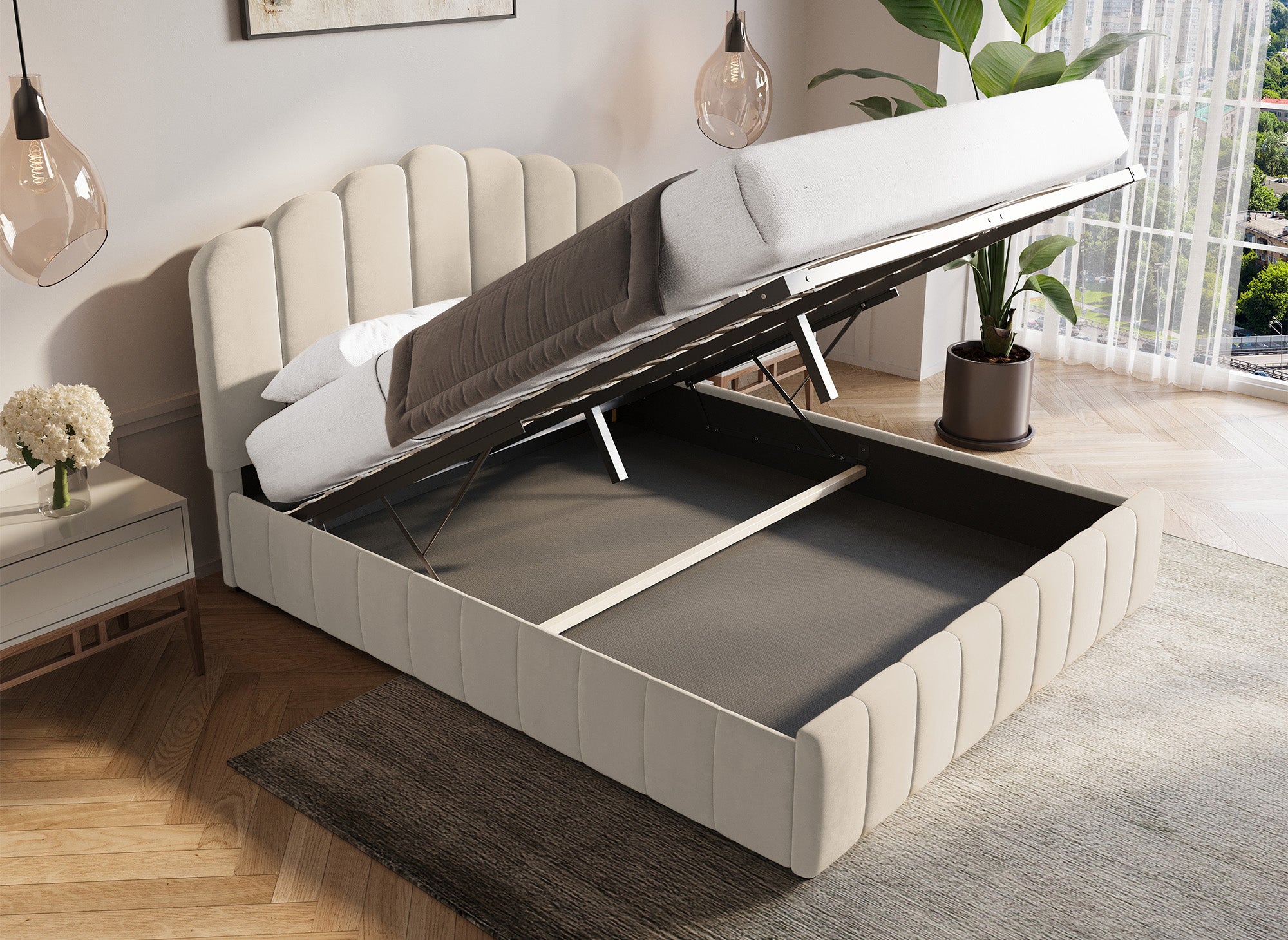 Lit coffre en velours beige 160x200 cm ELVIRA