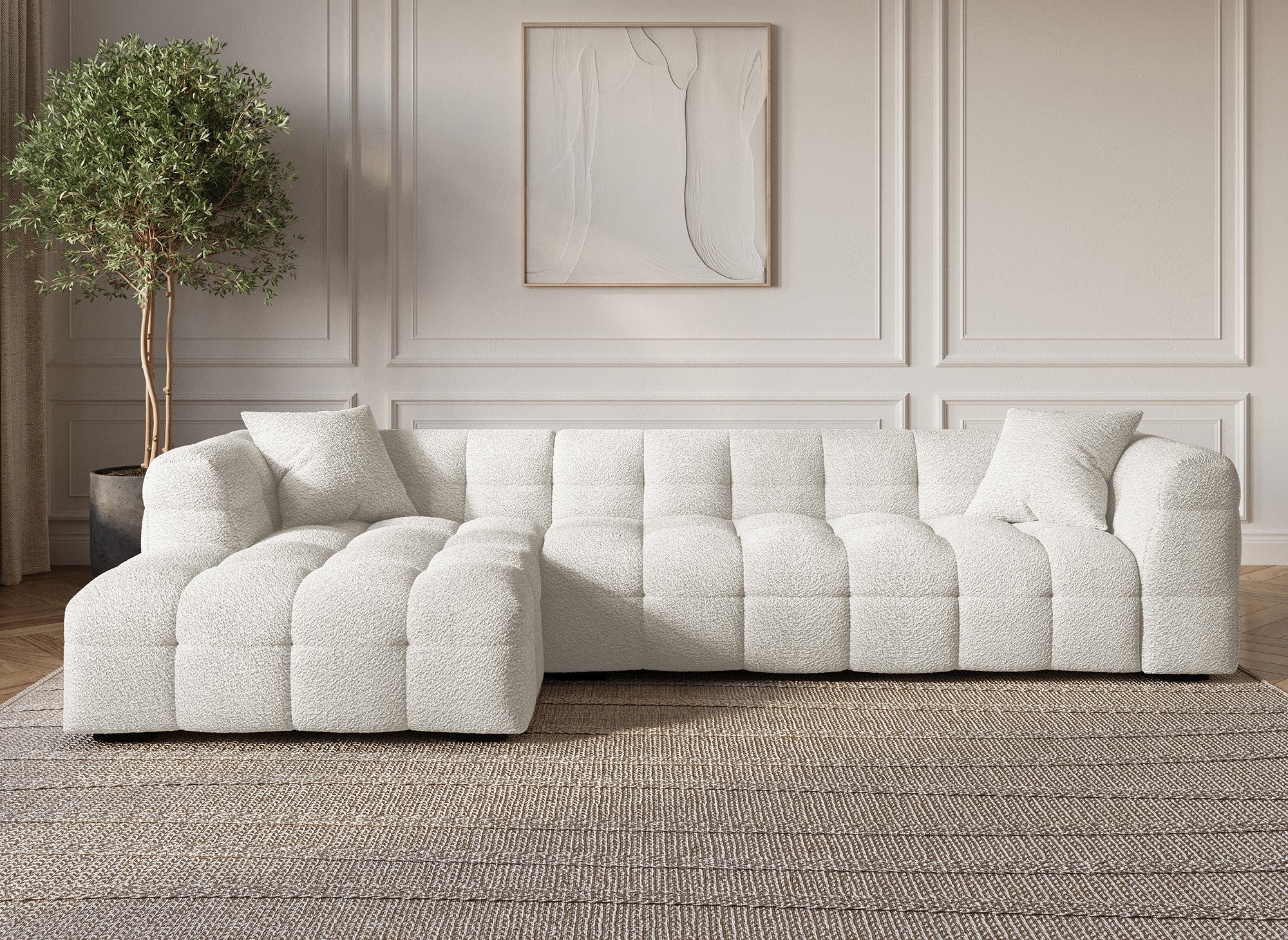 Canapé d'angle effet peau de mouton blanc écru BELLA - Angle gauche