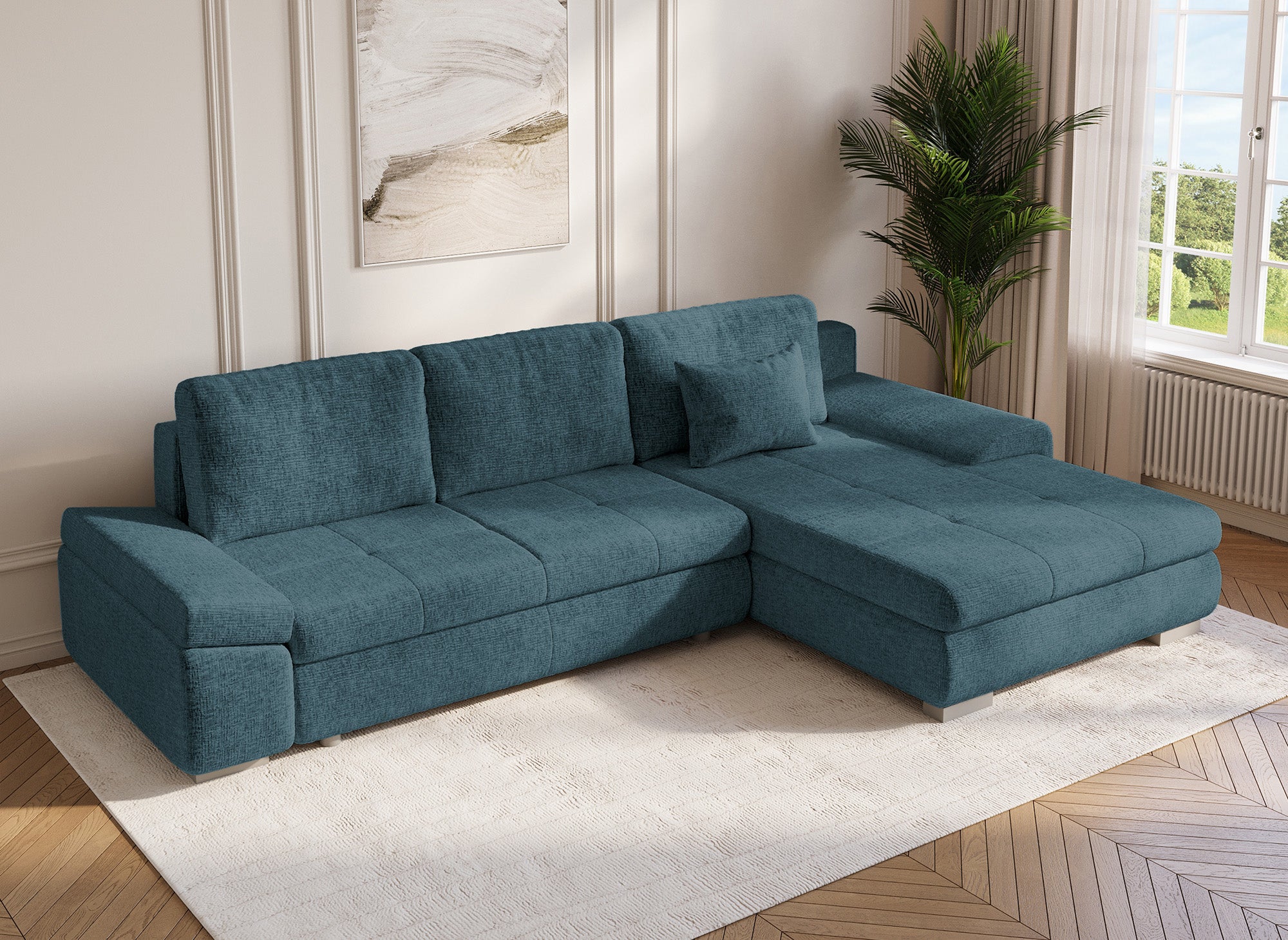 Canapé d'angle convertible réversible avec coffre en velours chiné bleu pétrole SOLEA