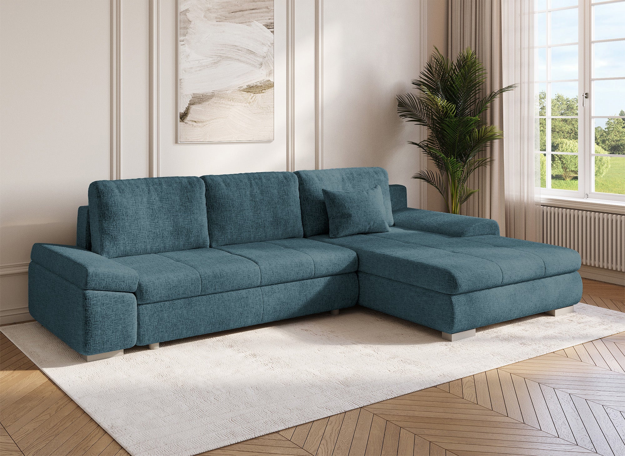 Canapé d'angle convertible réversible avec coffre en velours chiné bleu pétrole SOLEA