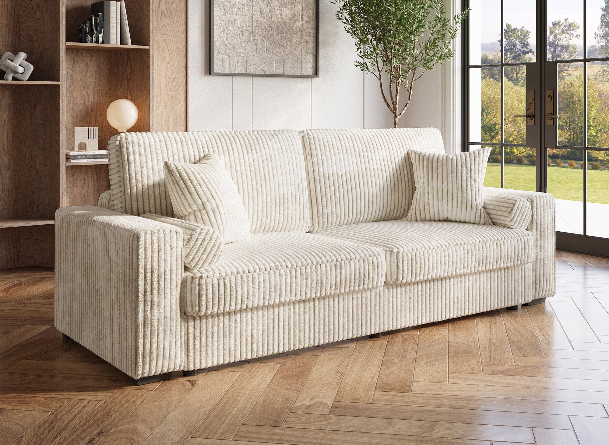 Canapé convertible 3 places en velours côtelé épais beige ALINE