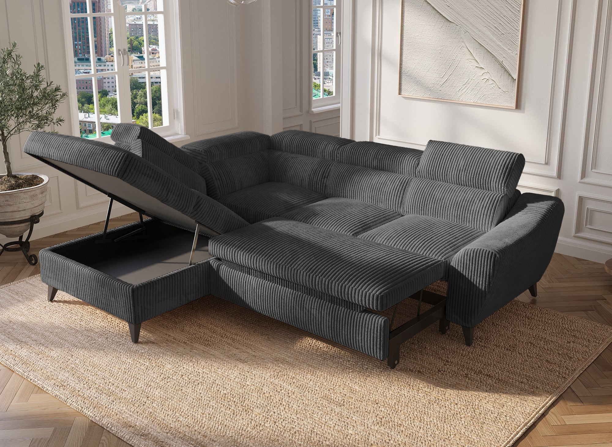 Canapé d'angle convertible avec coffre en velours côtelé épais gris DALTON - Angle gauche