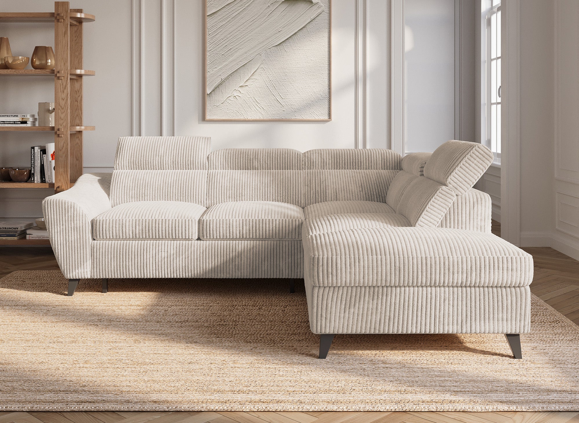 Canapé d'angle convertible avec coffre en velours côtelé épais beige DALTON - Angle droit