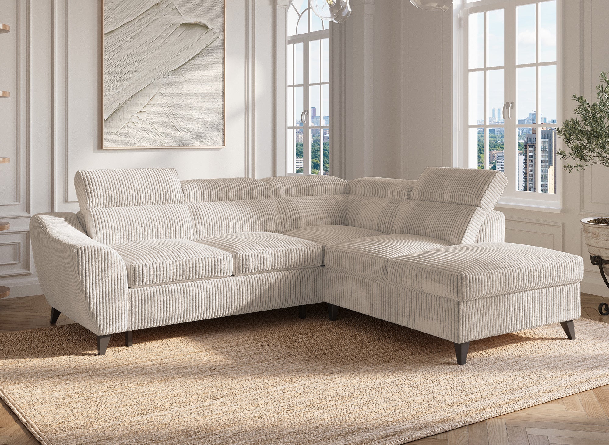 Canapé d'angle convertible avec coffre en velours côtelé épais beige DALTON - Angle droit