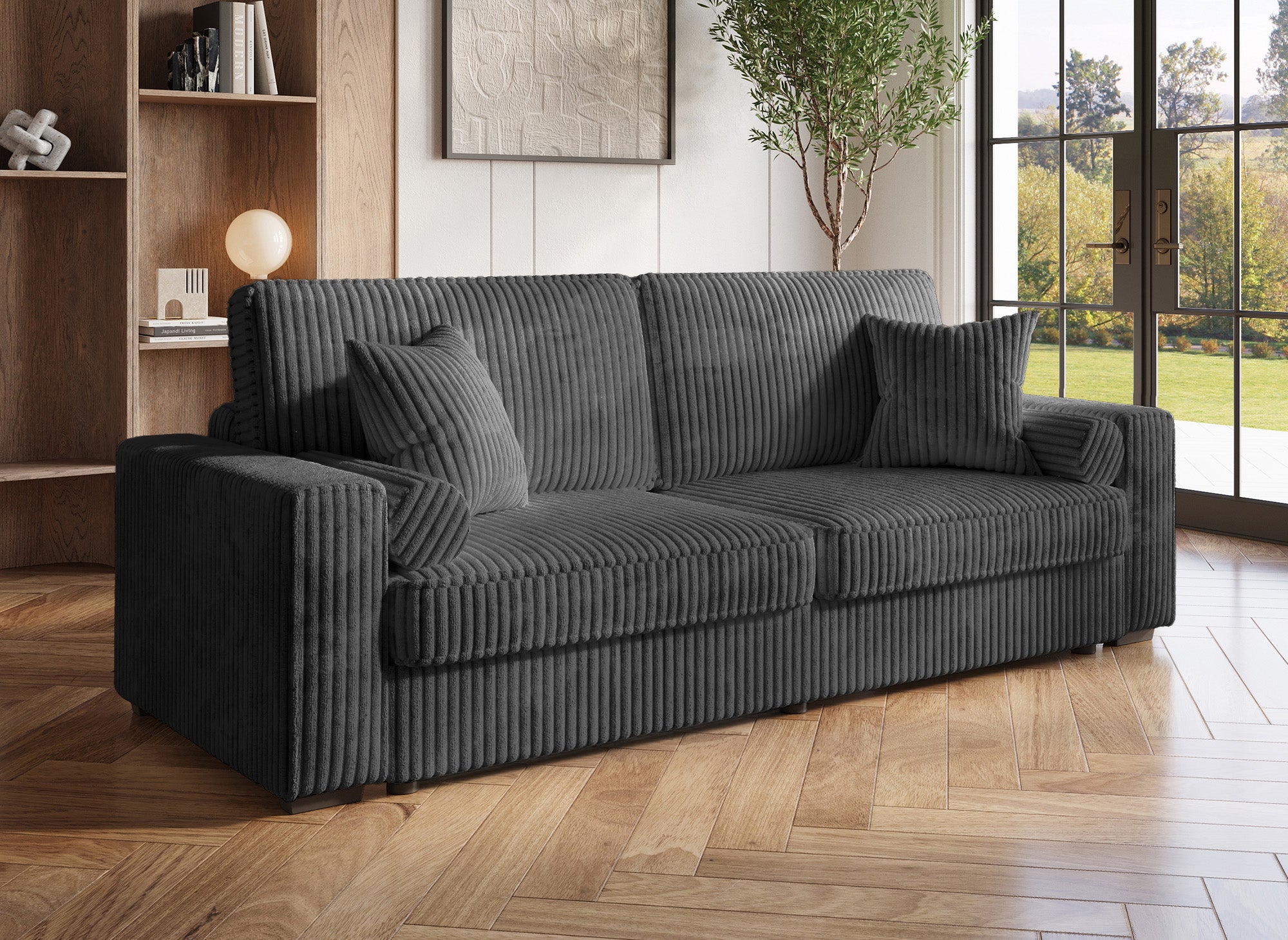 Canapé convertible 3 places en velours côtelé épais gris ALINE